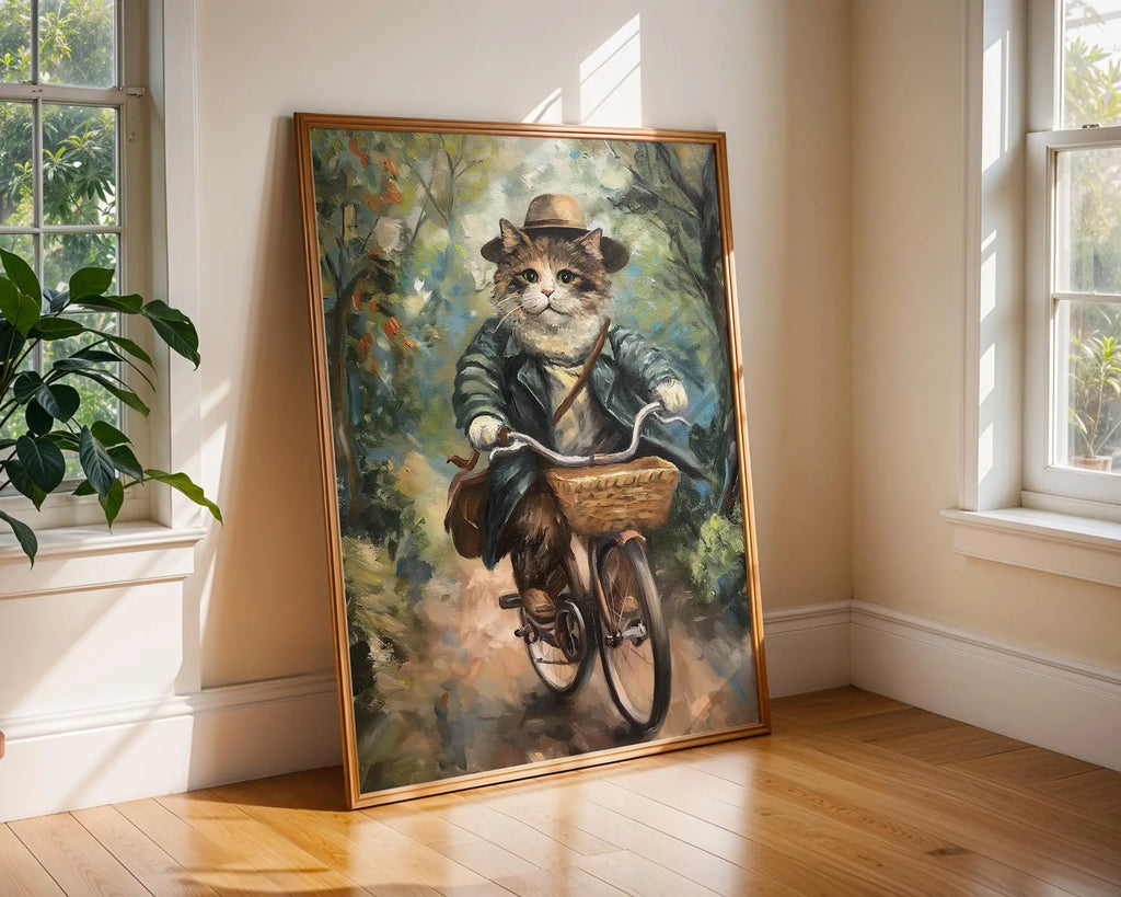Cat on Bicycle Print | Whimsical Feline Poster wall art print, modern home decor, unframed artwork by Nomad & Nest