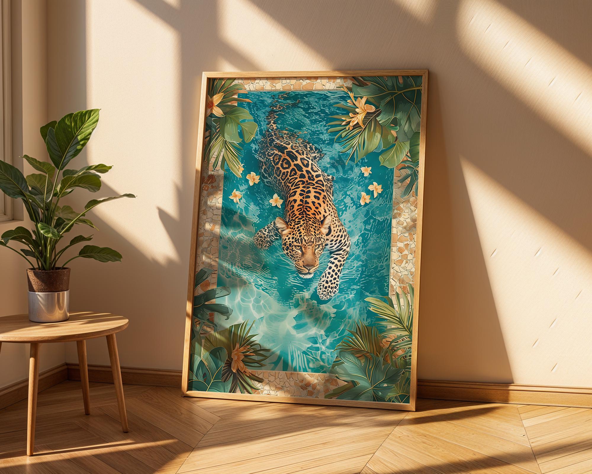 Colourful Prints | Leopard Swimming Pool Art Print | Tropical Jungle Decor wall art print, modern home decor, unframed artwork by Nomad & Nest