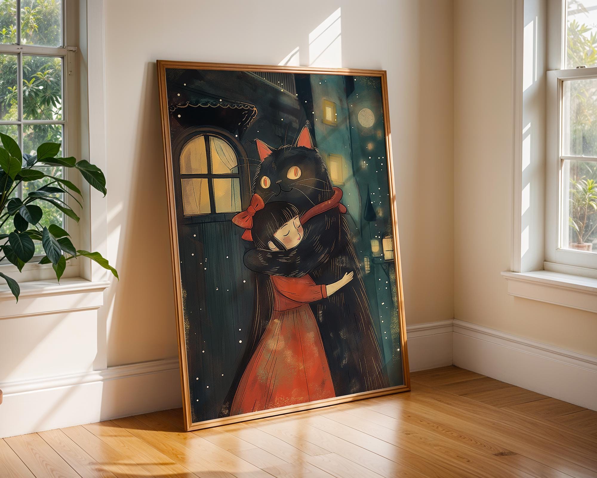 Girl and Black Cat Hug Print | Whimsical Bedroom Wall Art wall art print, modern home decor, unframed artwork by Nomad & Nest