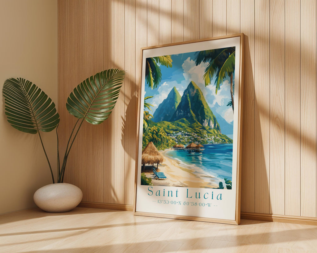 Saint Lucia Travel Poster | Pitons Beach Illustration Art Print wall art print, modern home decor, unframed artwork by Nomad & Nest
