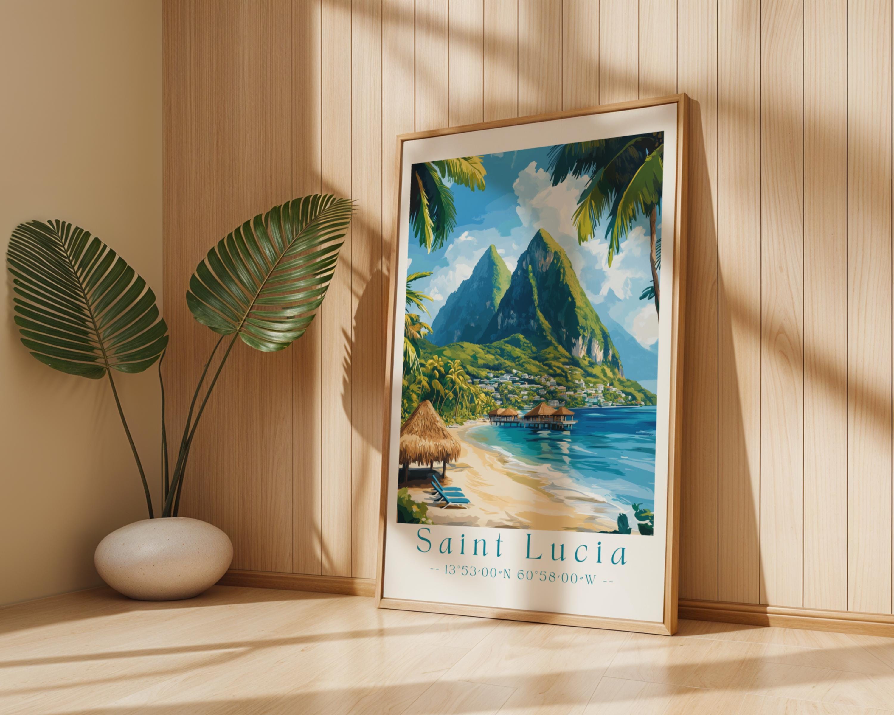 Saint Lucia Travel Poster | Pitons Beach Illustration Art Print wall art print, modern home decor, unframed artwork by Nomad & Nest