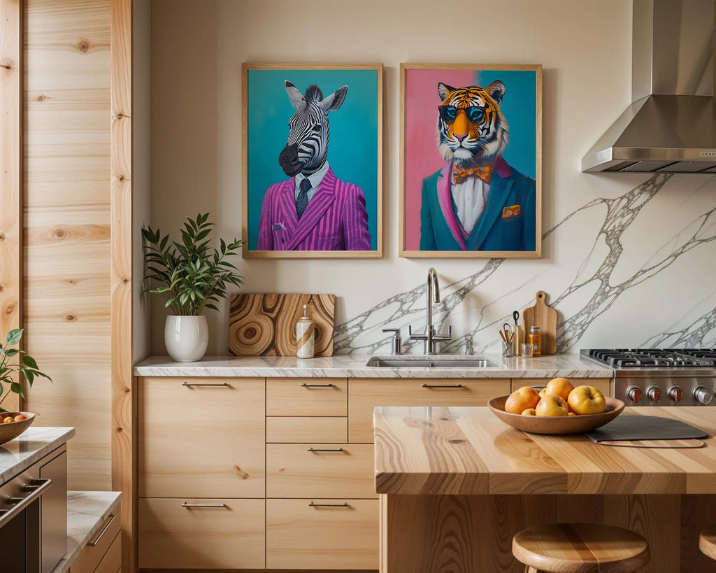 Colourful Prints | Zebra and Tiger Dressed in Suits | Animal Portrait (Set of 2) wall art print, modern home decor, unframed artwork by Nomad & Nest