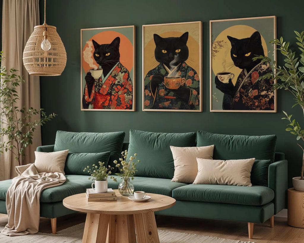Japanese Poster | Kimono Black Cat Print – Coffee Lover Wall Art wall art print, modern home decor, unframed artwork by Nomad & Nest