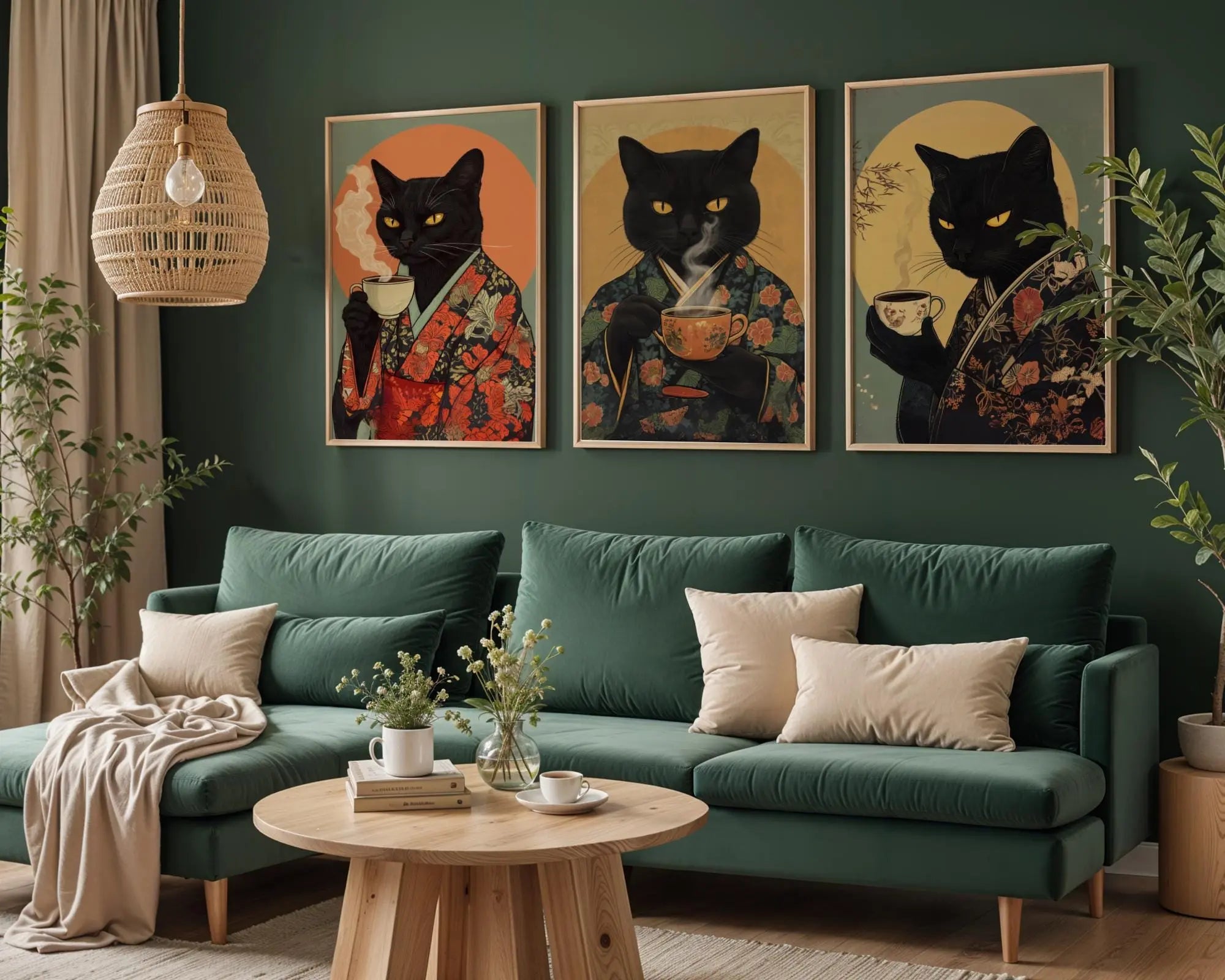 Japanese Poster | Kimono Black Cat Print – Coffee Lover Wall Art wall art print, modern home decor, unframed artwork by Nomad & Nest