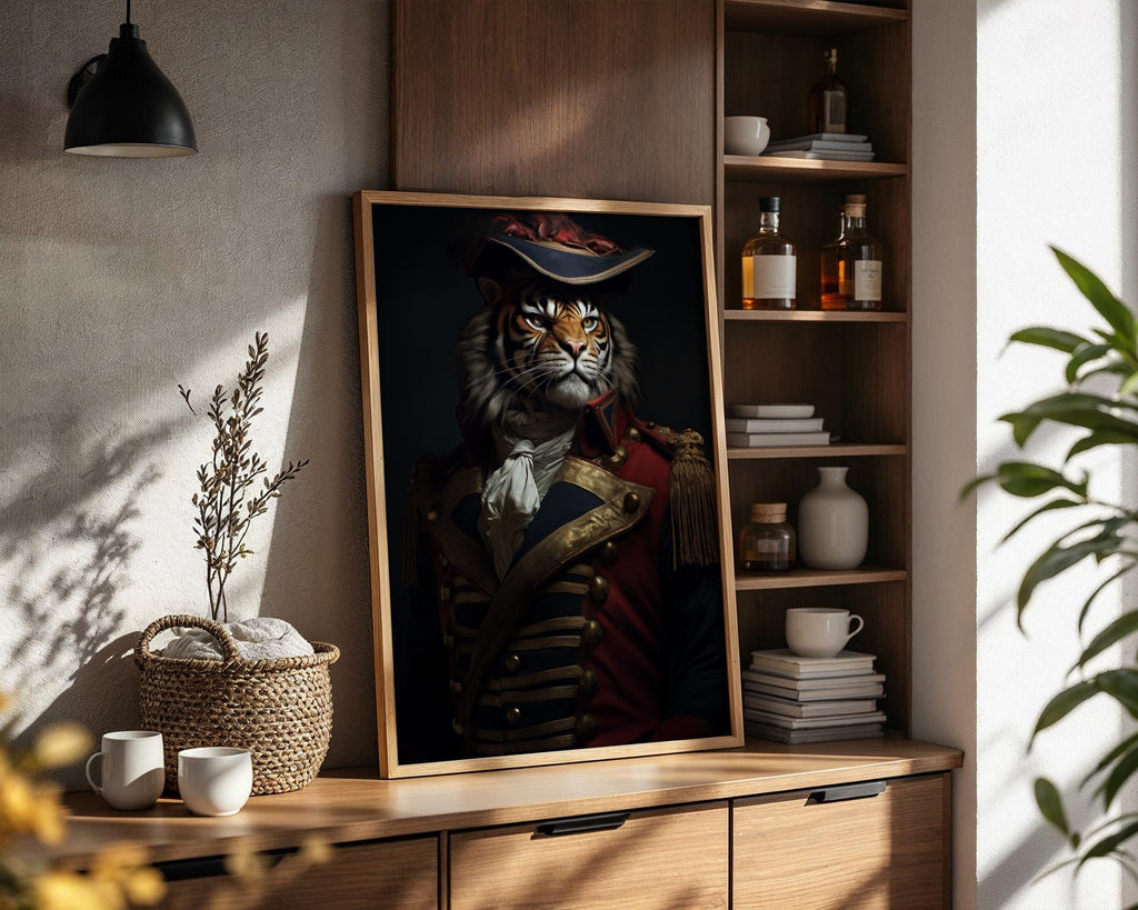 Tiger Portrait Print | Red Military Uniform Animal Wall Art wall art print, modern home decor, unframed artwork by Nomad & Nest