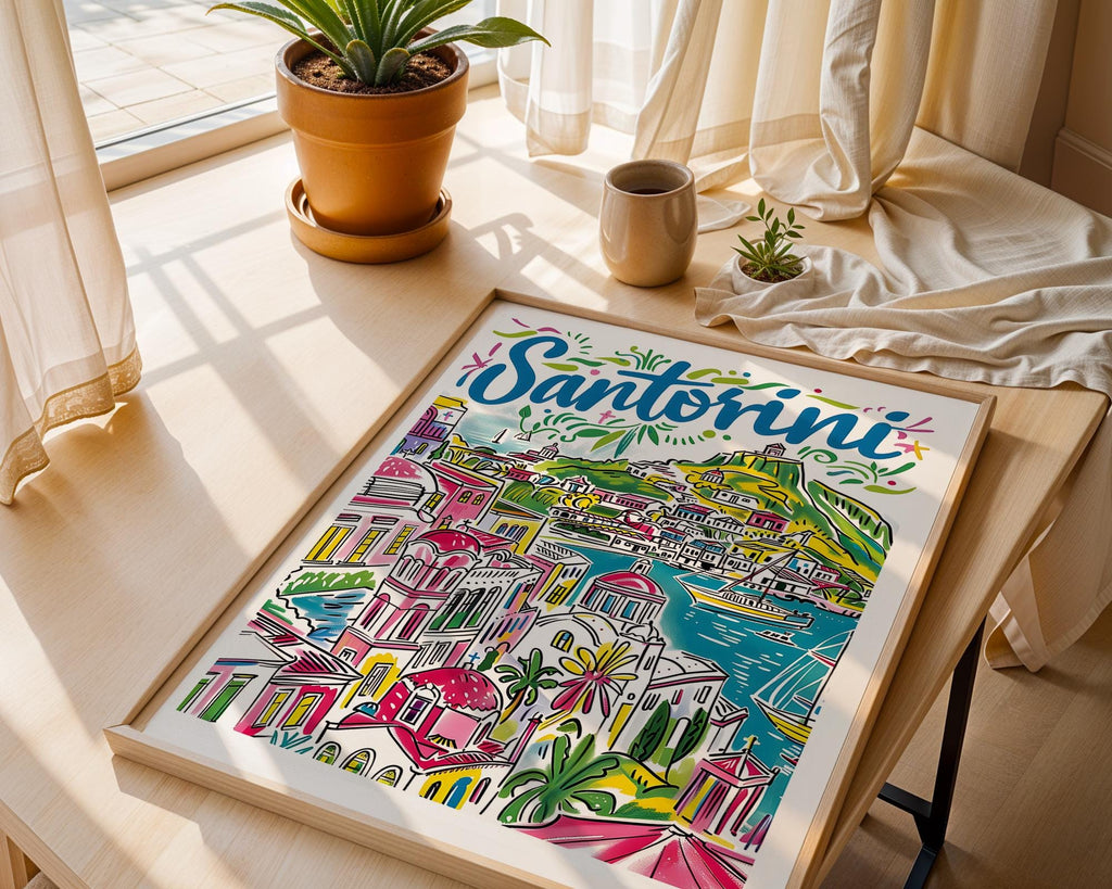 Santorini Greece Art Print | Hand-Drawn Cityscape Travel Poster wall art print, modern home decor, unframed artwork by Nomad & Nest