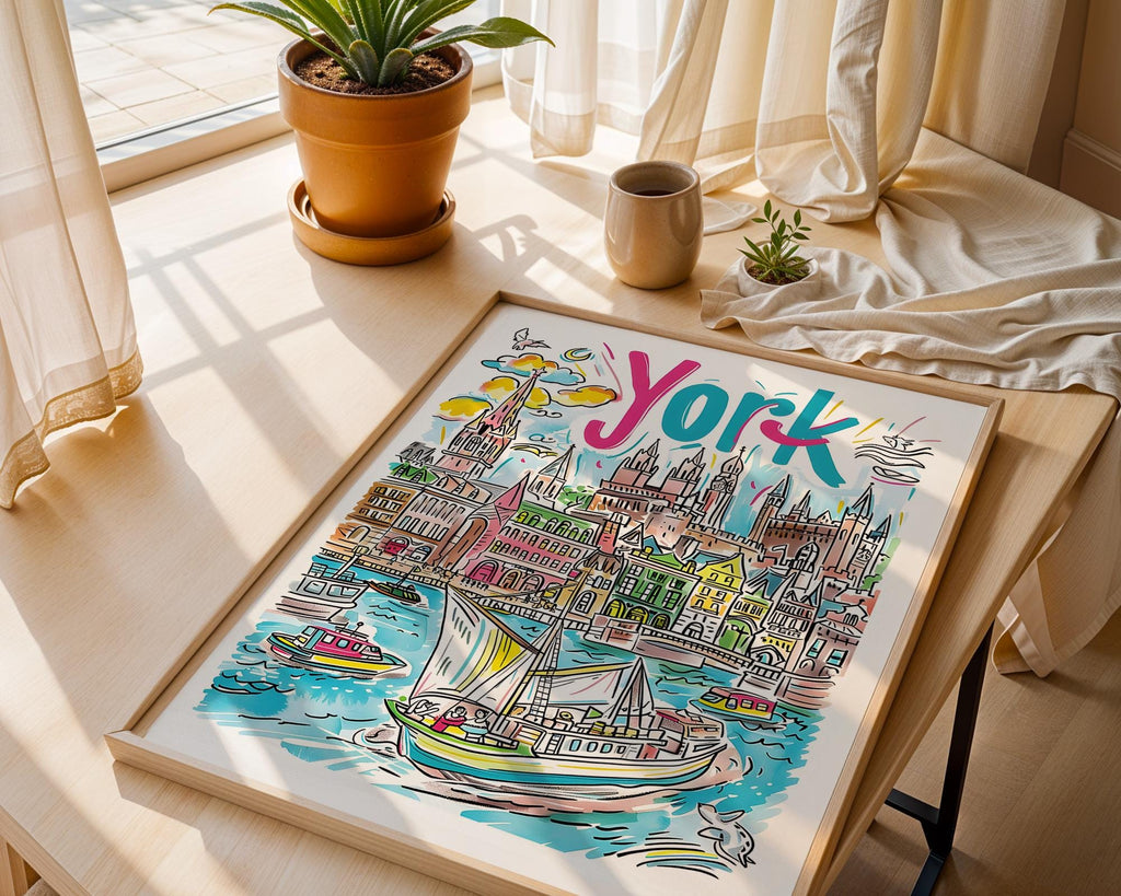 York England Cityscape Print | Colorful UK Travel Poster wall art print, modern home decor, unframed artwork by Nomad & Nest