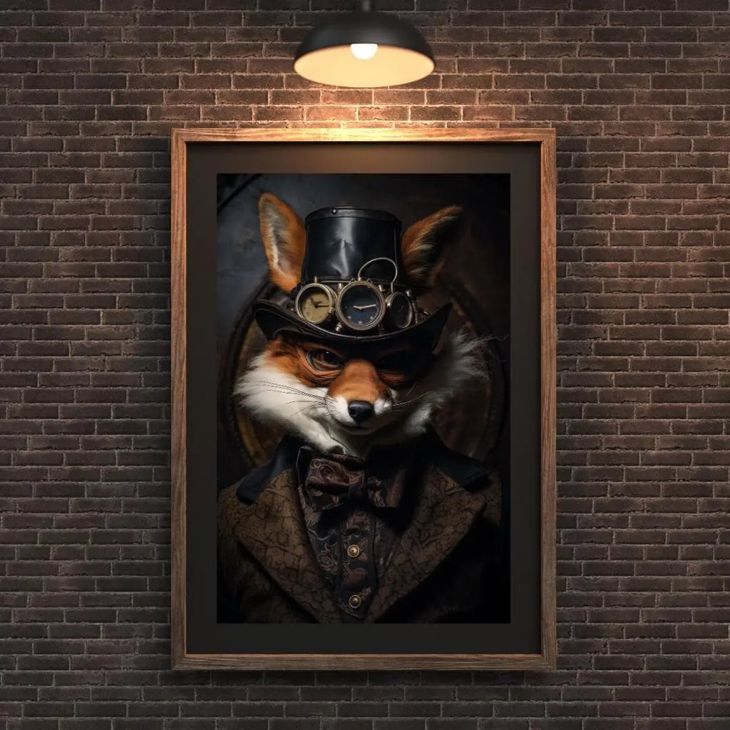 Steampunk Fox Wall Art – Victorian Gentleman Animal Portrait with Goggles and Top Hat wall art print, modern home decor, unframed artwork by Nomad & Nest