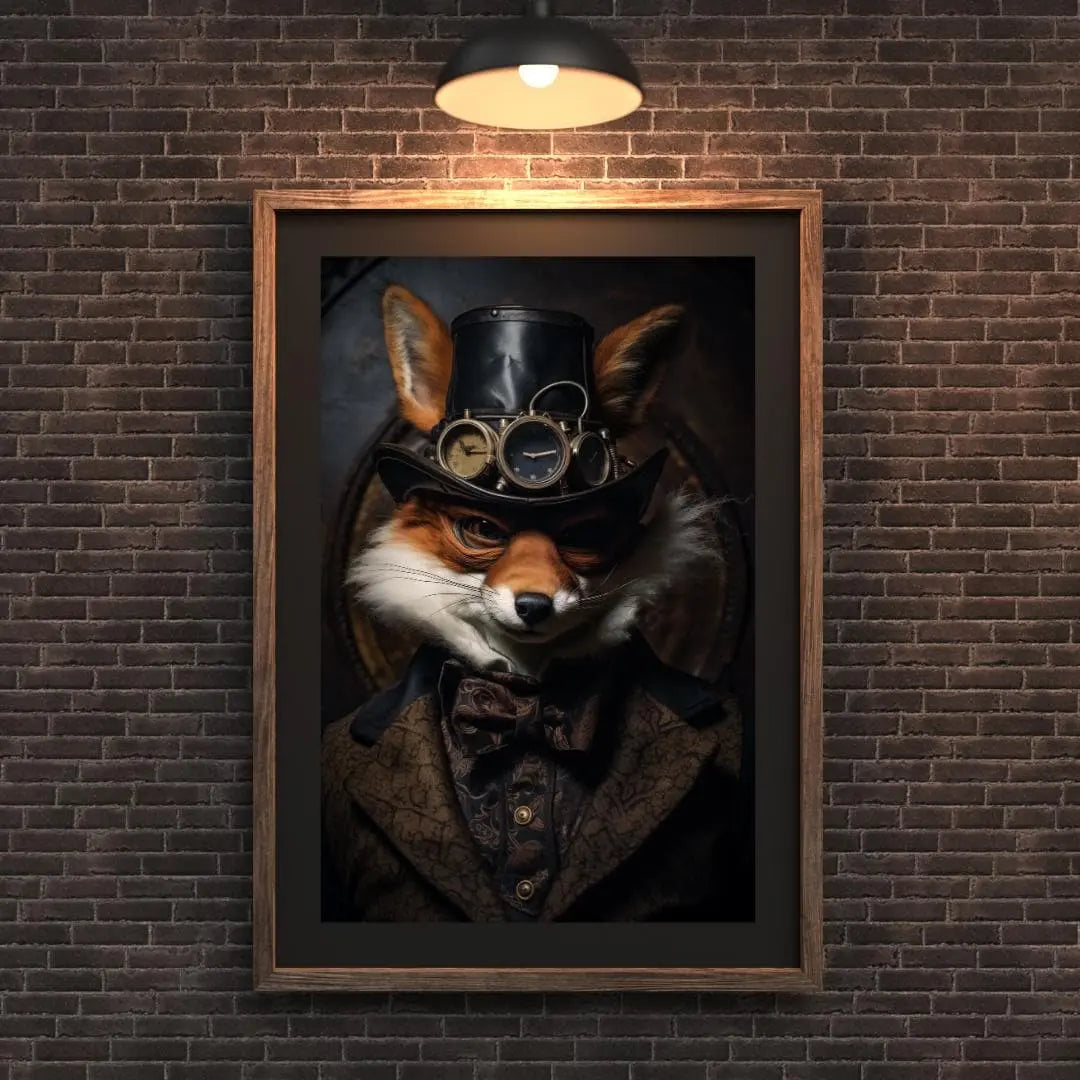 Steampunk Fox Wall Art – Victorian Gentleman Animal Portrait with Goggles and Top Hat wall art print, modern home decor, unframed artwork by Nomad & Nest