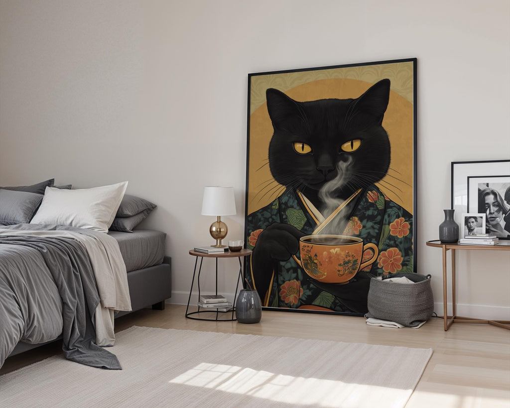 Japanese Poster | Black Cat Kimono Print – Vintage Feline Coffee wall art print, modern home decor, unframed artwork by Nomad & Nest