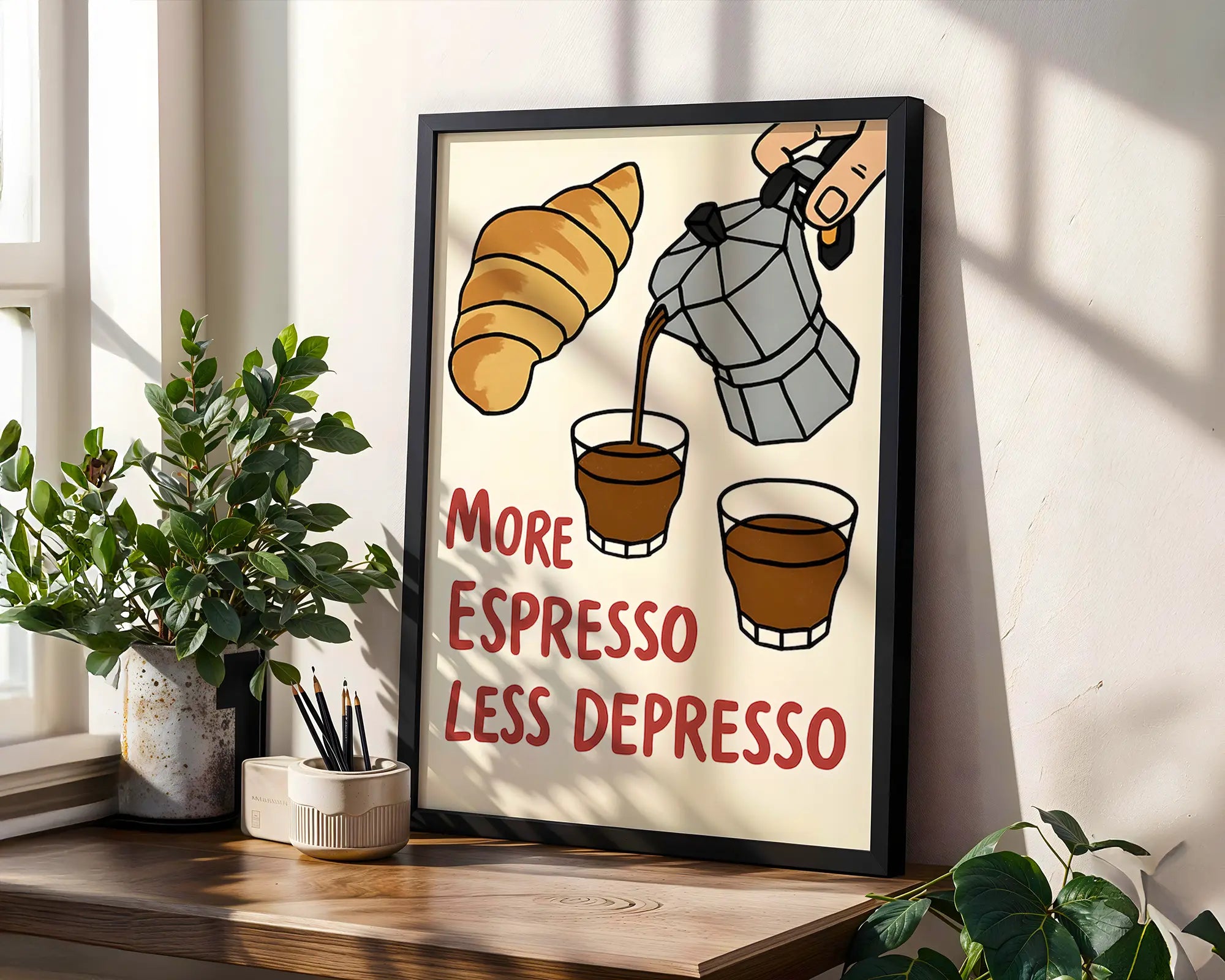 Positive Emotion | More Espresso Less Depresso Print | Funny Coffee Quote Art | Morning Motivation Kitchen Wall Decor wall art print, modern home decor, unframed artwork by Nomad & Nest