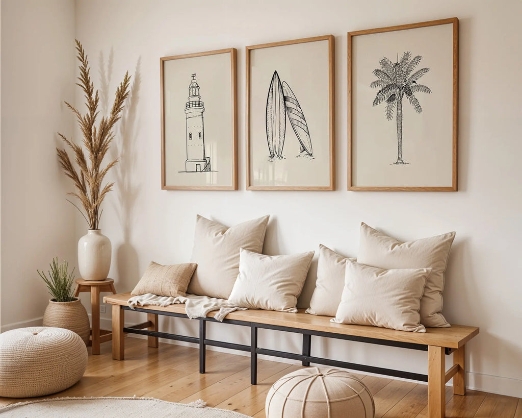 Colourful Prints | Coastal Sketch Art Prints Set | Lighthouse, Palm, Surfboards (Set of 3) wall art print, modern home decor, unframed artwork by Nomad & Nest