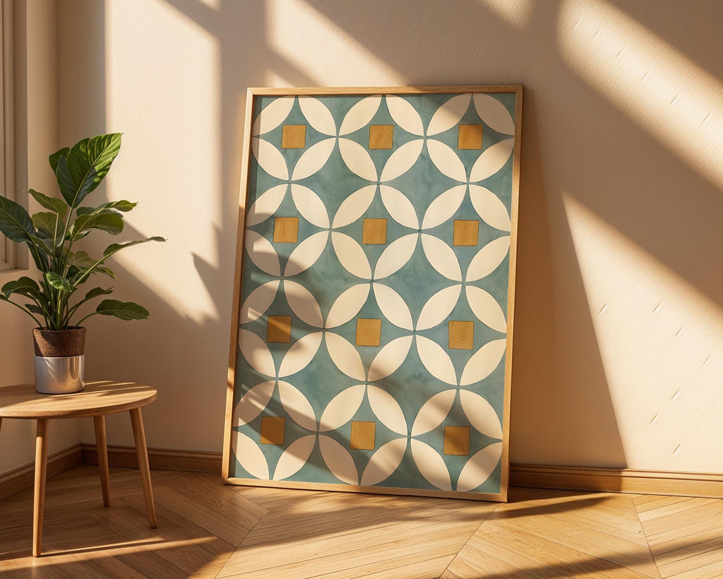 Midcentury Geometric Art Print | Blue, Gold, and White Poster wall art print, modern home decor, unframed artwork by Nomad & Nest