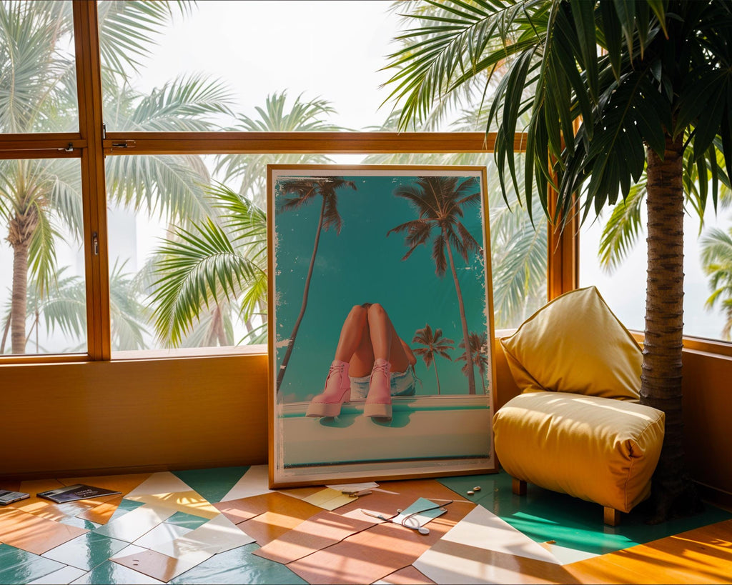 Colourful Prints | Pink Boots & Palms Print | Retro Coastal Wall Art wall art print, modern home decor, unframed artwork by Nomad & Nest