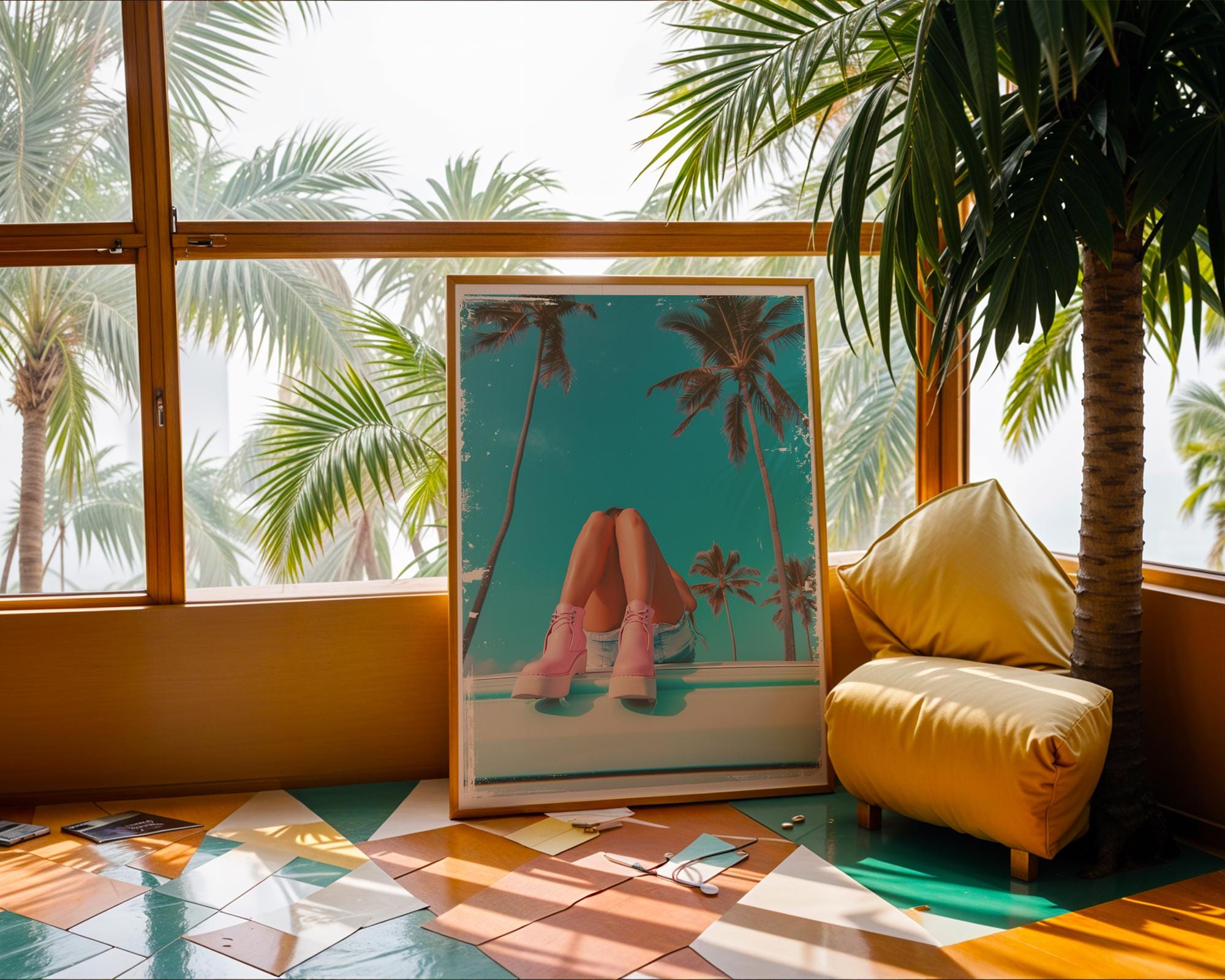 Colourful Prints | Pink Boots & Palms Print | Retro Coastal Wall Art wall art print, modern home decor, unframed artwork by Nomad & Nest