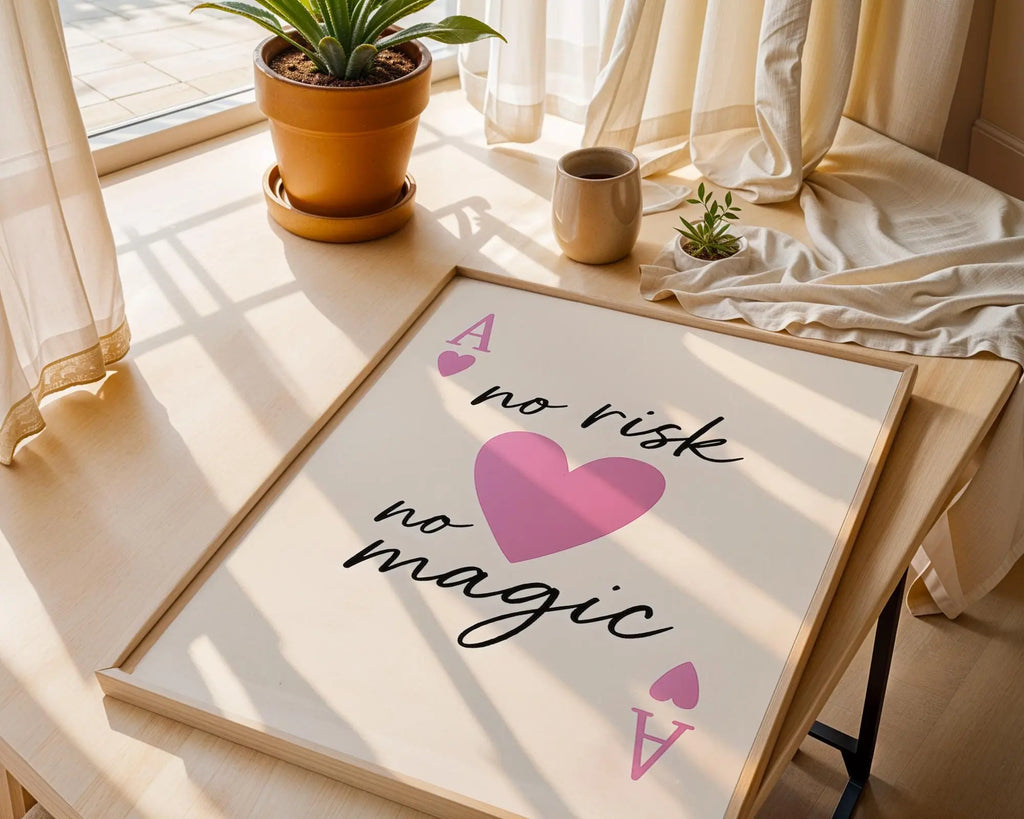 Motivational Quote Print – No Risk No Magic, Pink Heart Art wall art print, modern home decor, unframed artwork by Nomad & Nest