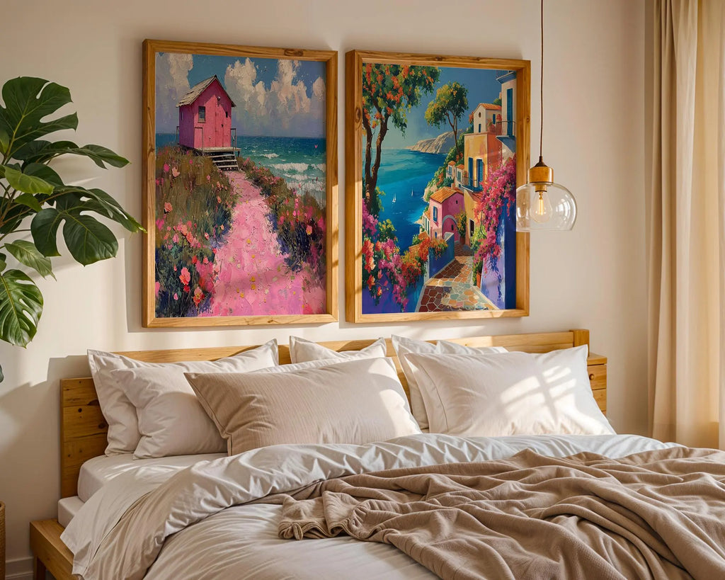 Colourful Prints | Coastal Art Print • Pink Beach House & Mediterranean Village wall art print, modern home decor, unframed artwork by Nomad & Nest