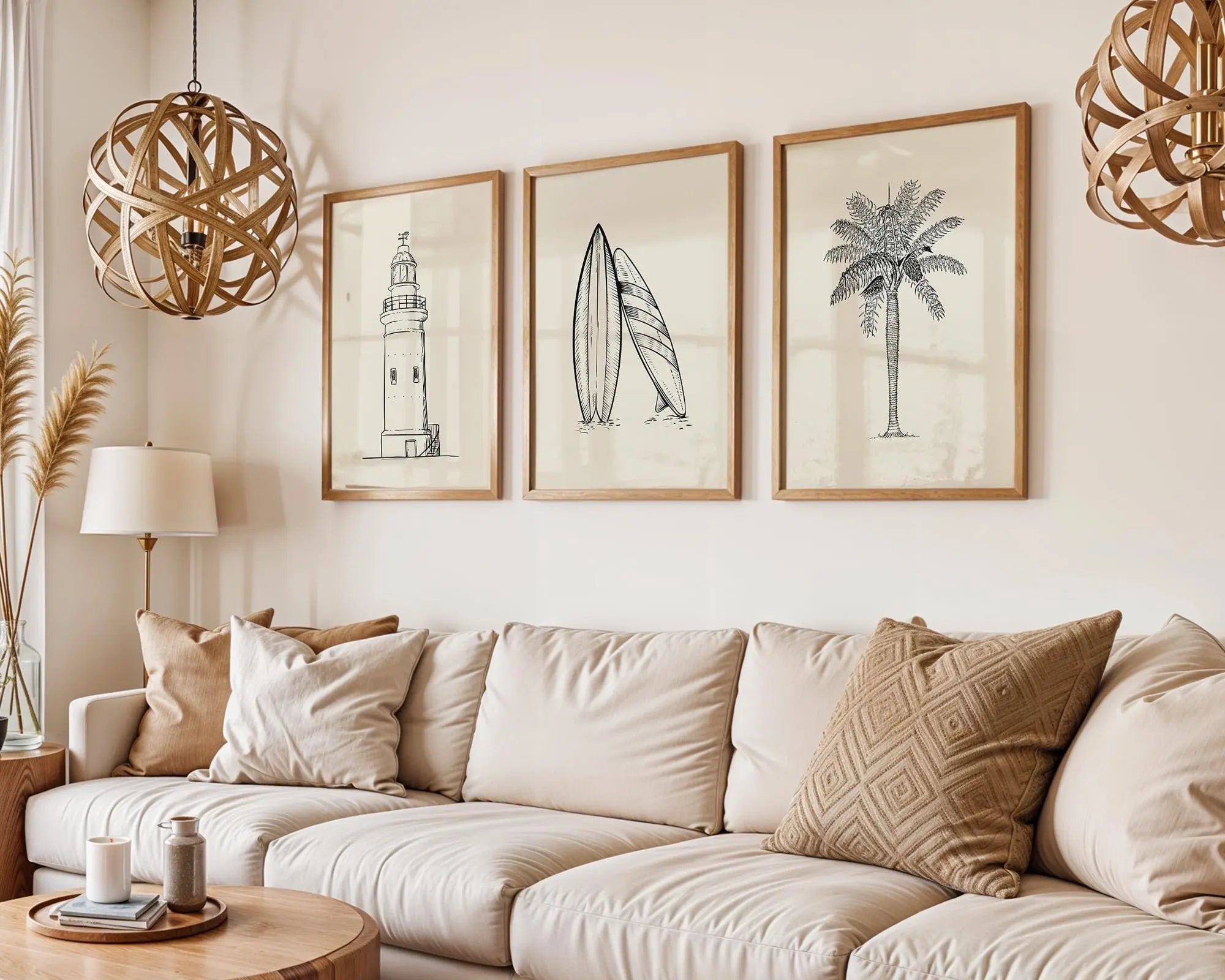 Colourful Prints | Coastal Sketch Art Prints Set | Lighthouse, Palm, Surfboards wall art print, modern home decor, unframed artwork by Nomad & Nest