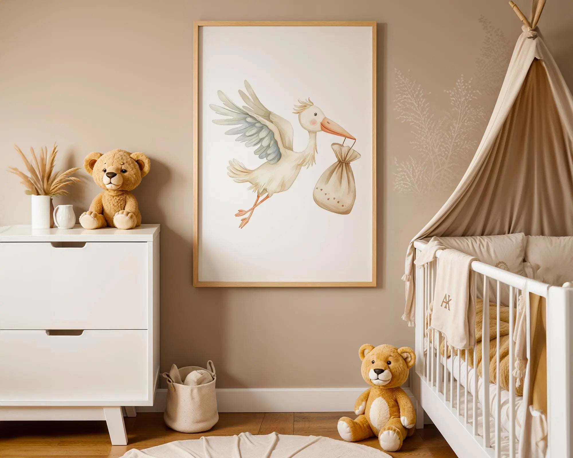 Playroom Ideas | Stork Nursery Wall Art | Flying Bird New Baby Arrival Print wall art print, modern home decor, unframed artwork by Nomad & Nest