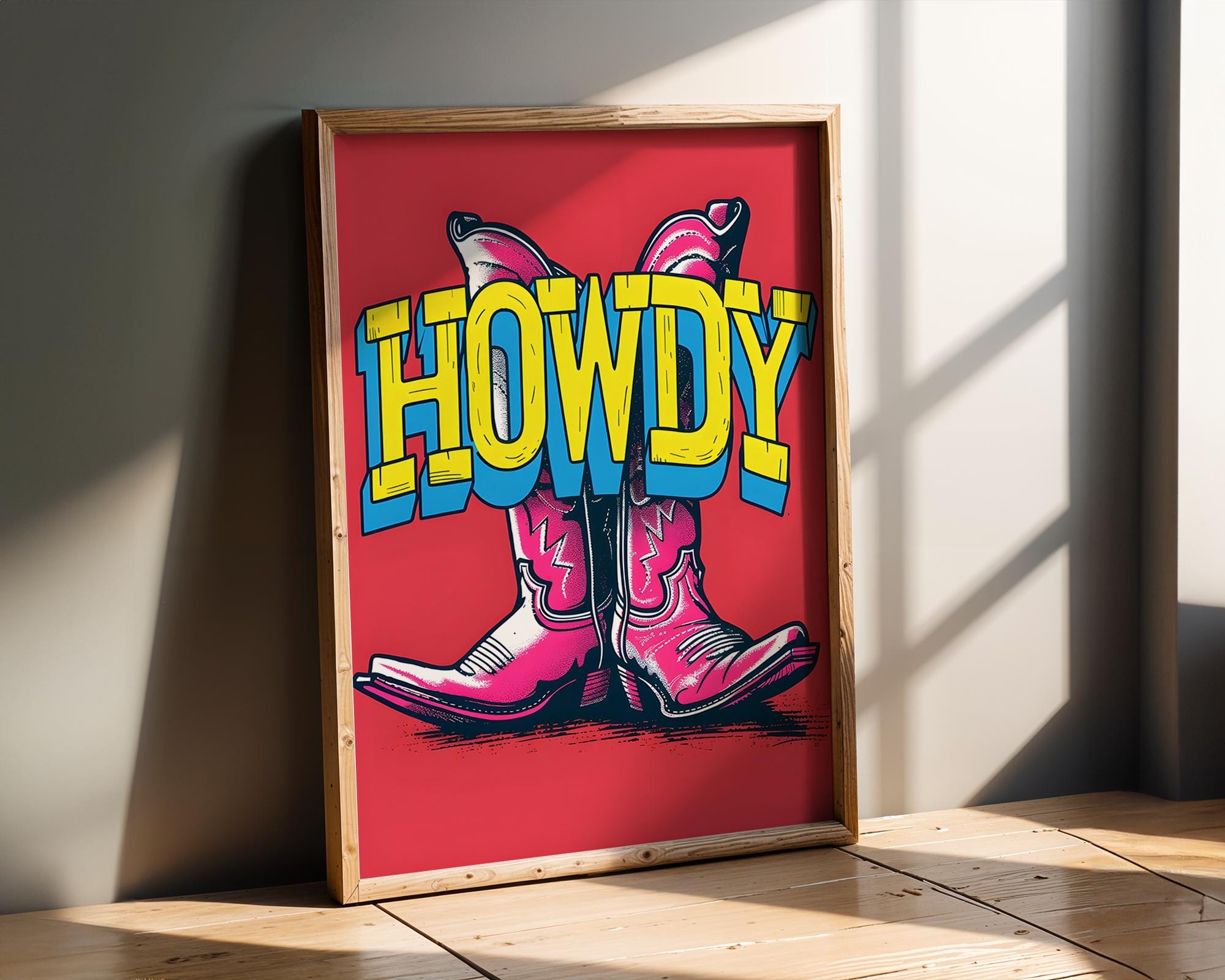 Modern Pop Art | Howdy Cowboy Boots Print | Pink Western  Poster wall art print, modern home decor, unframed artwork by Nomad & Nest