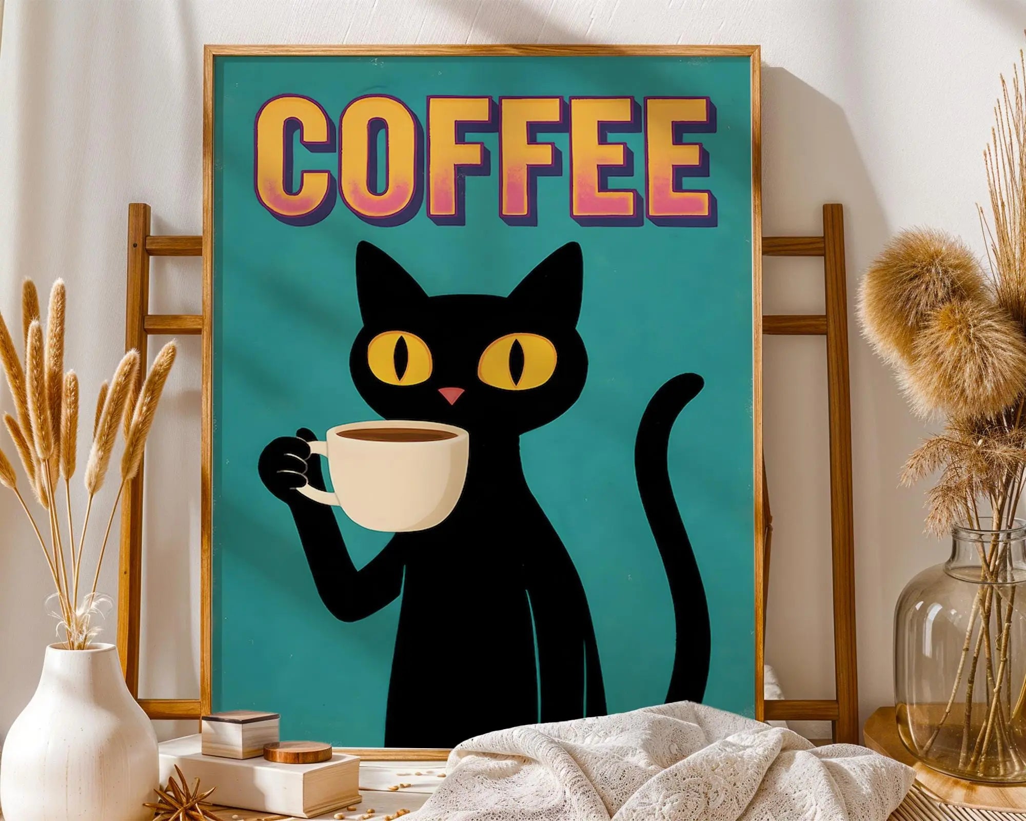 Positive Emotion | Coffee Cat Wall Art Print | Kitchen Illustration wall art print, modern home decor, unframed artwork by Nomad & Nest
