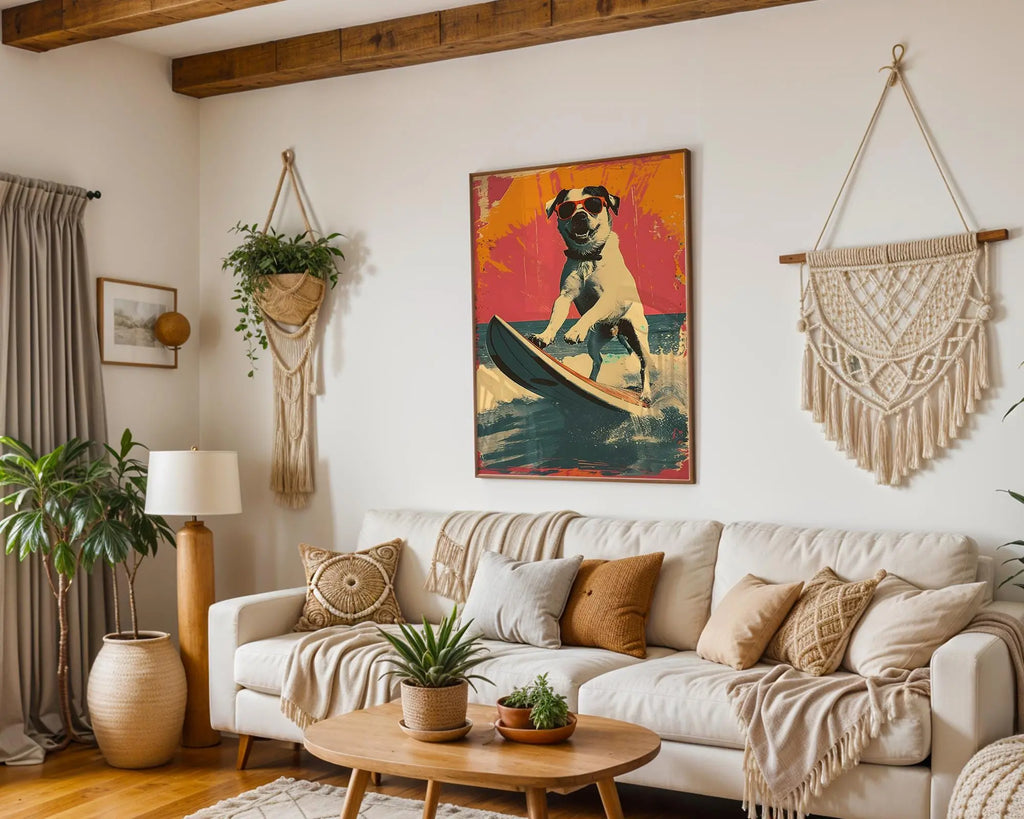 Modern Pop Art | Surfing Dog  Print | Retro Beach Poster, Coastal Decor wall art print, modern home decor, unframed artwork by Nomad & Nest