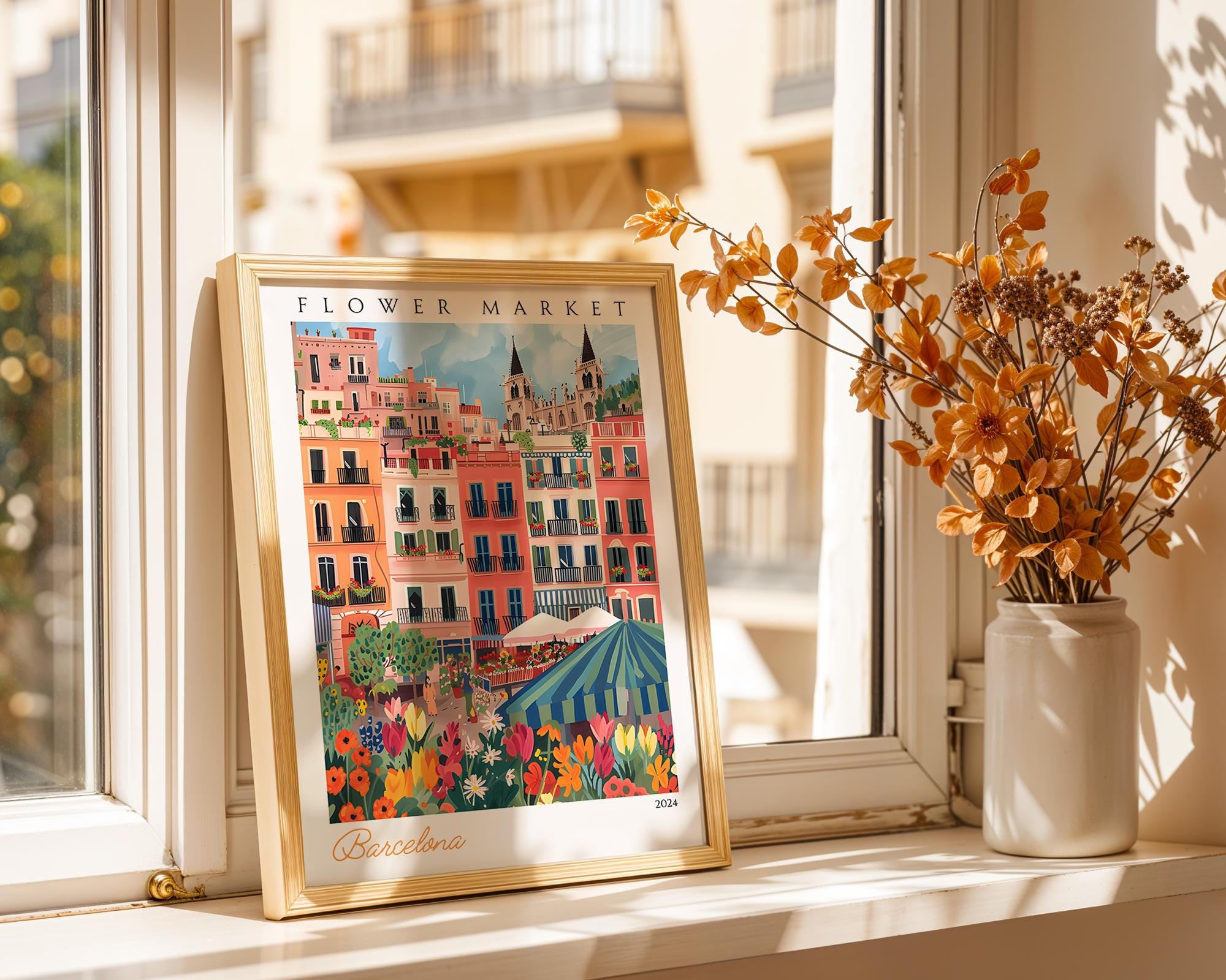 Barcelona Flower Market Print | Vintage Spanish Travel Poster wall art print, modern home decor, unframed artwork by Nomad & Nest