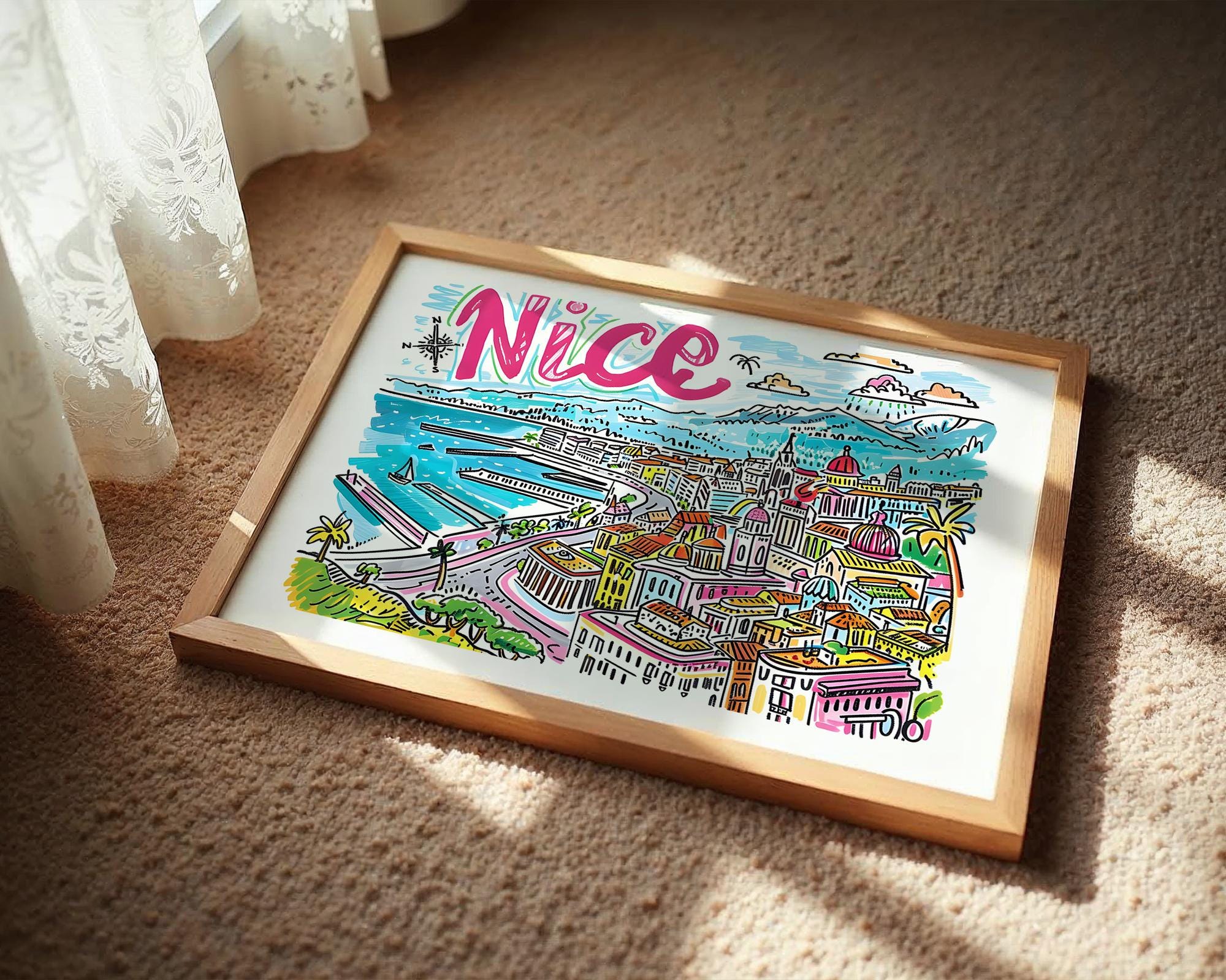 Nice France Travel Poster | Colorful Promenade des Anglais Art Print wall art print, modern home decor, unframed artwork by Nomad & Nest