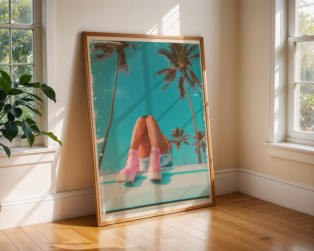Colourful Prints | Pink Boots & Palms Print | Retro Coastal Wall Art wall art print, modern home decor, unframed artwork by Nomad & Nest