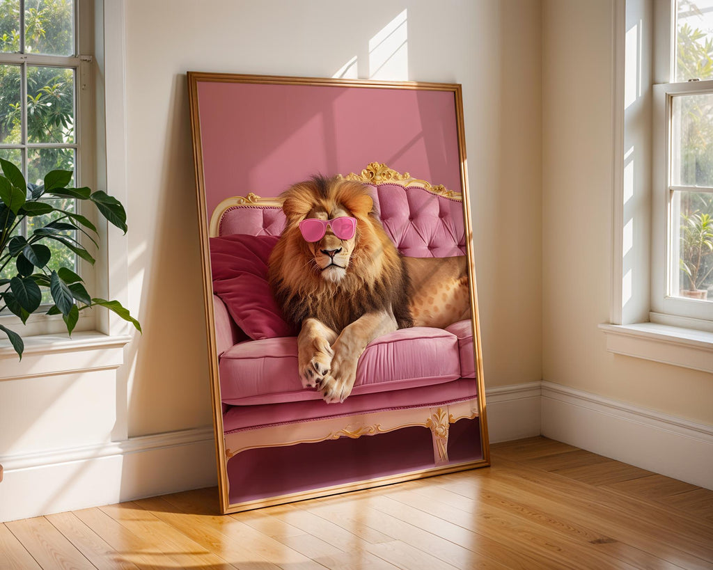 Colourful Prints | Funny Lion Art Print | Pink Sunglasses, Eclectic Home Decor wall art print, modern home decor, unframed artwork by Nomad & Nest