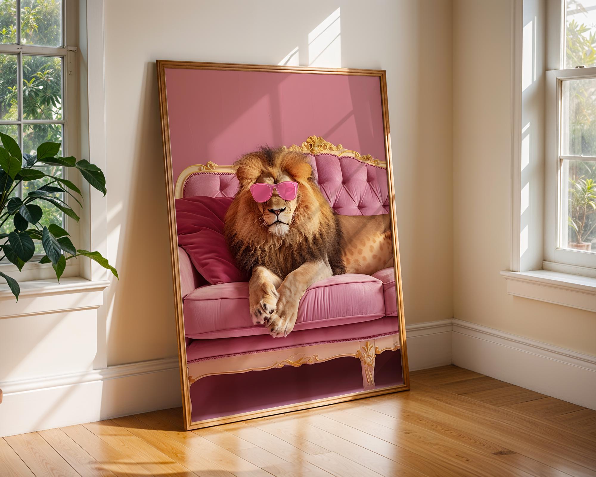 Colourful Prints | Funny Lion Art Print | Pink Sunglasses, Eclectic Home Decor wall art print, modern home decor, unframed artwork by Nomad & Nest