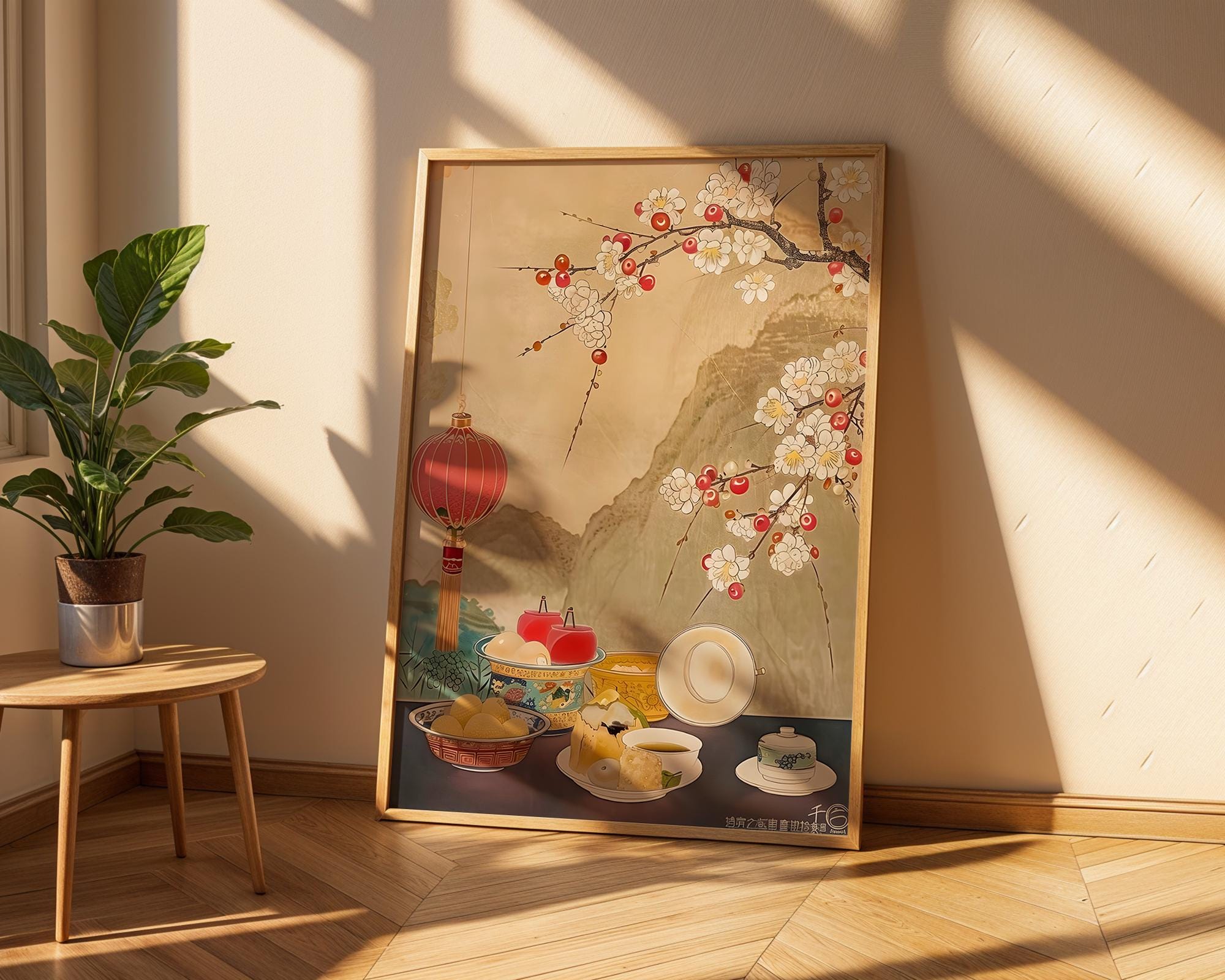Oriental Tea Ceremony Print | Cherry Blossom, Lanterns Asian Wall Art wall art print, modern home decor, unframed artwork by Nomad & Nest