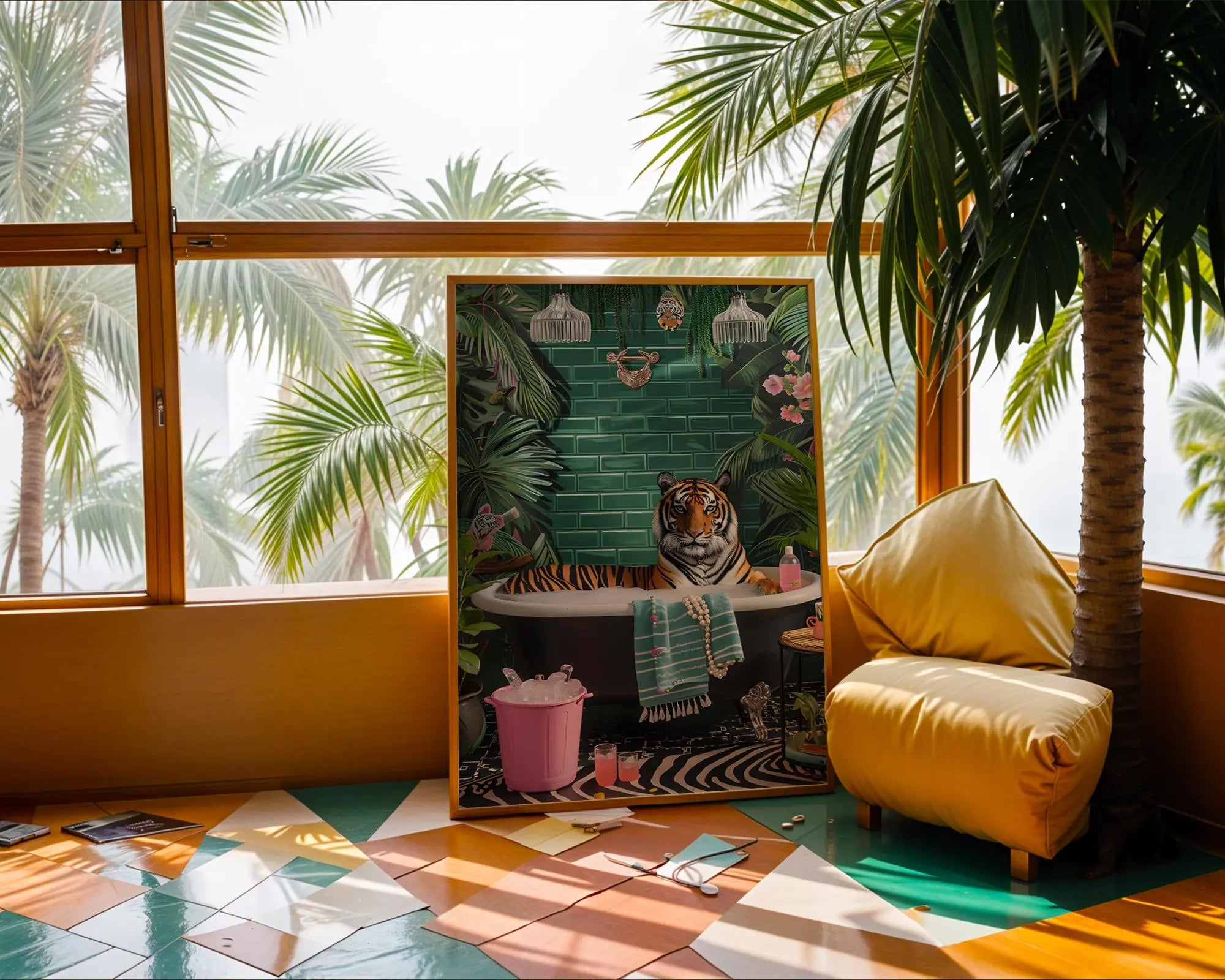 Colourful Prints | Tiger in Bathtub Art Print | Jungle Bathroom Poster wall art print, modern home decor, unframed artwork by Nomad & Nest