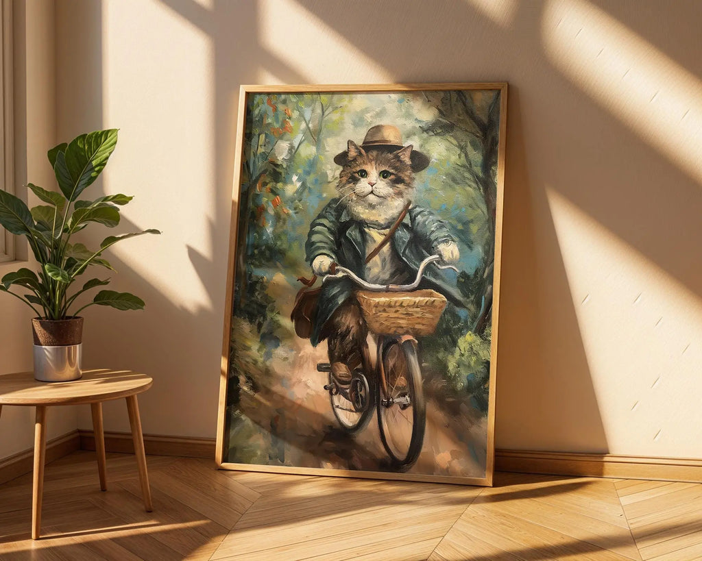 Cat on Bicycle Print | Whimsical Feline Poster wall art print, modern home decor, unframed artwork by Nomad & Nest