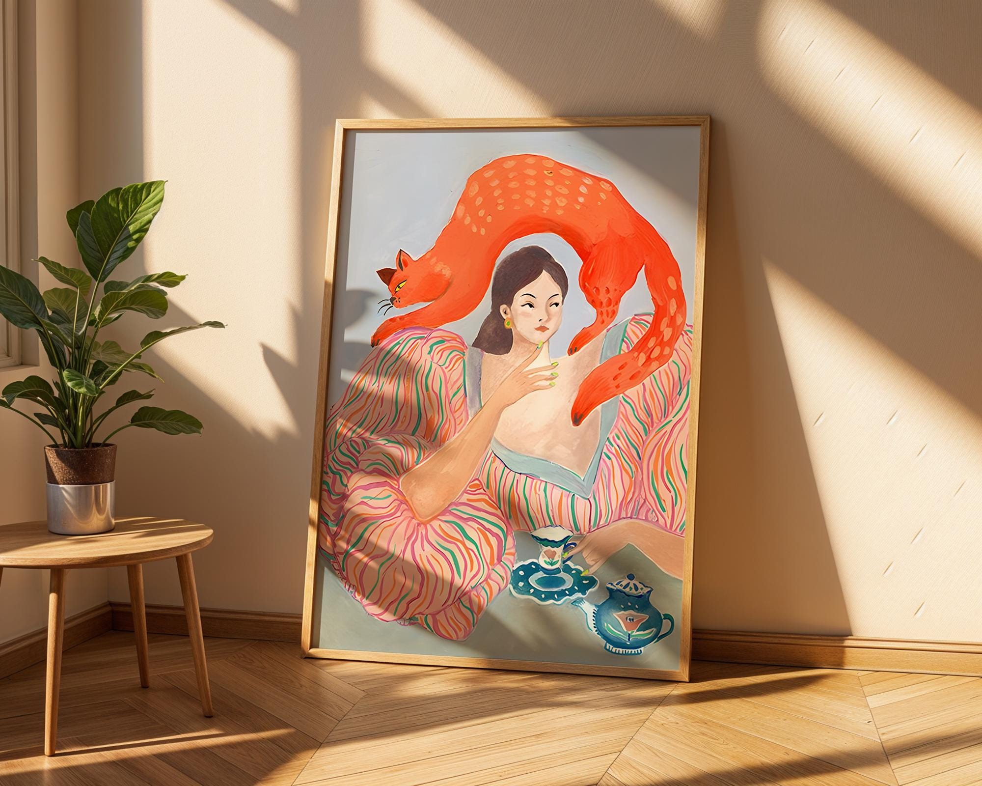 Whimsical Woman with Cat Art Print | Modern Maximalist Decor wall art print, modern home decor, unframed artwork by Nomad & Nest