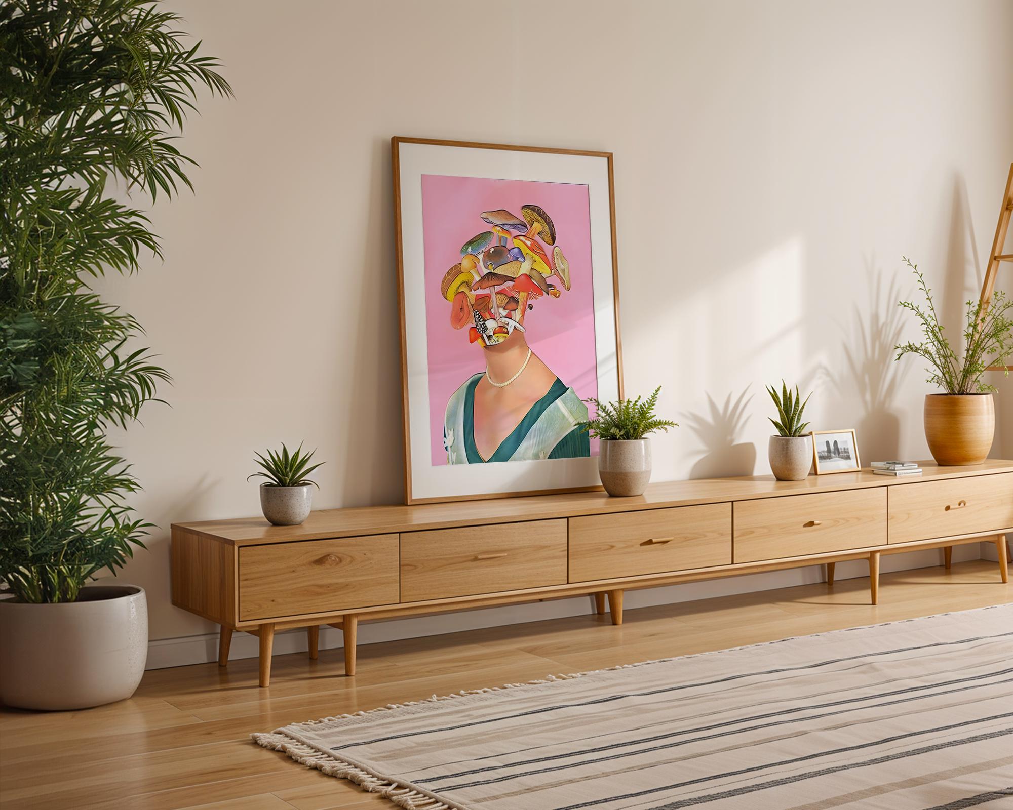 Modern Pop Art | Surreal Mushroom Head  Print | Pink Botanical  Decor wall art print, modern home decor, unframed artwork by Nomad & Nest