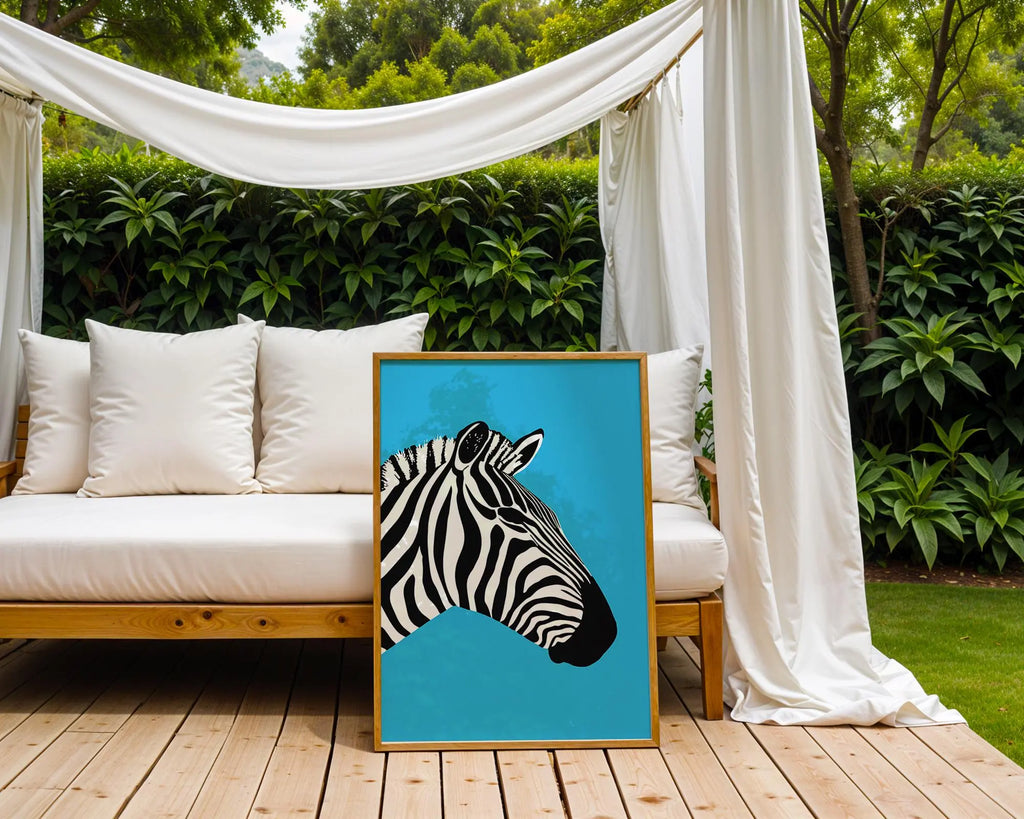 Zebra Pop Art Print | Bold Animal Illustration, Blue Background wall art print, modern home decor, unframed artwork by Nomad & Nest