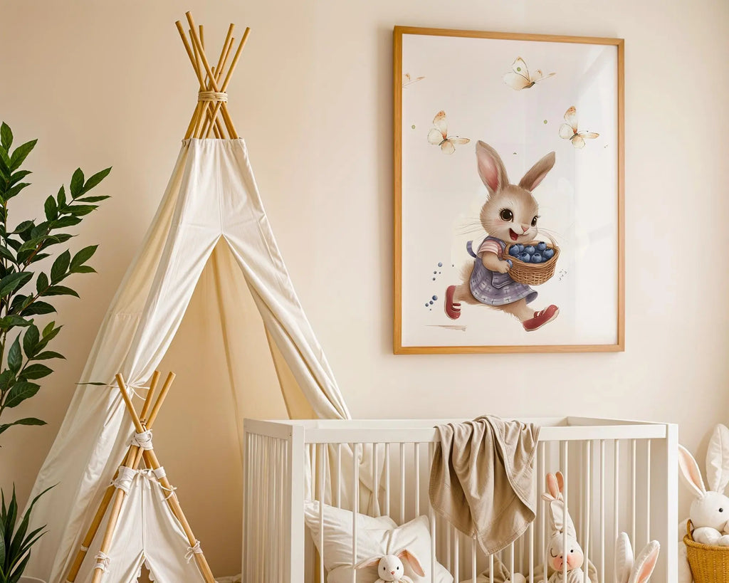 Playroom Ideas | Blueberry Bunny Nursery Wall Art | Woodland Animal Print wall art print, modern home decor, unframed artwork by Nomad & Nest