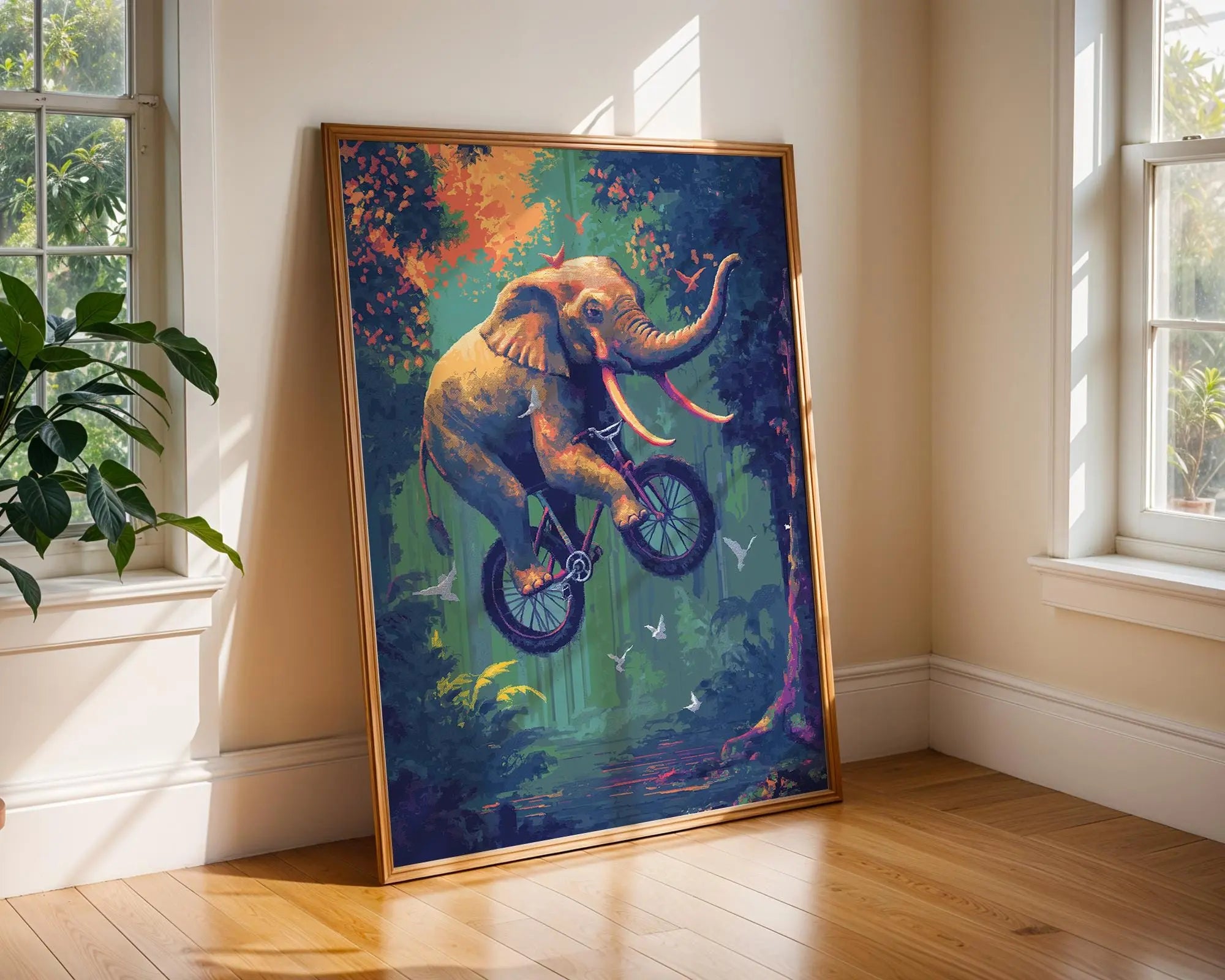 Elephant on Bicycle Print | Whimsical Jungle Animal Art wall art print, modern home decor, unframed artwork by Nomad & Nest