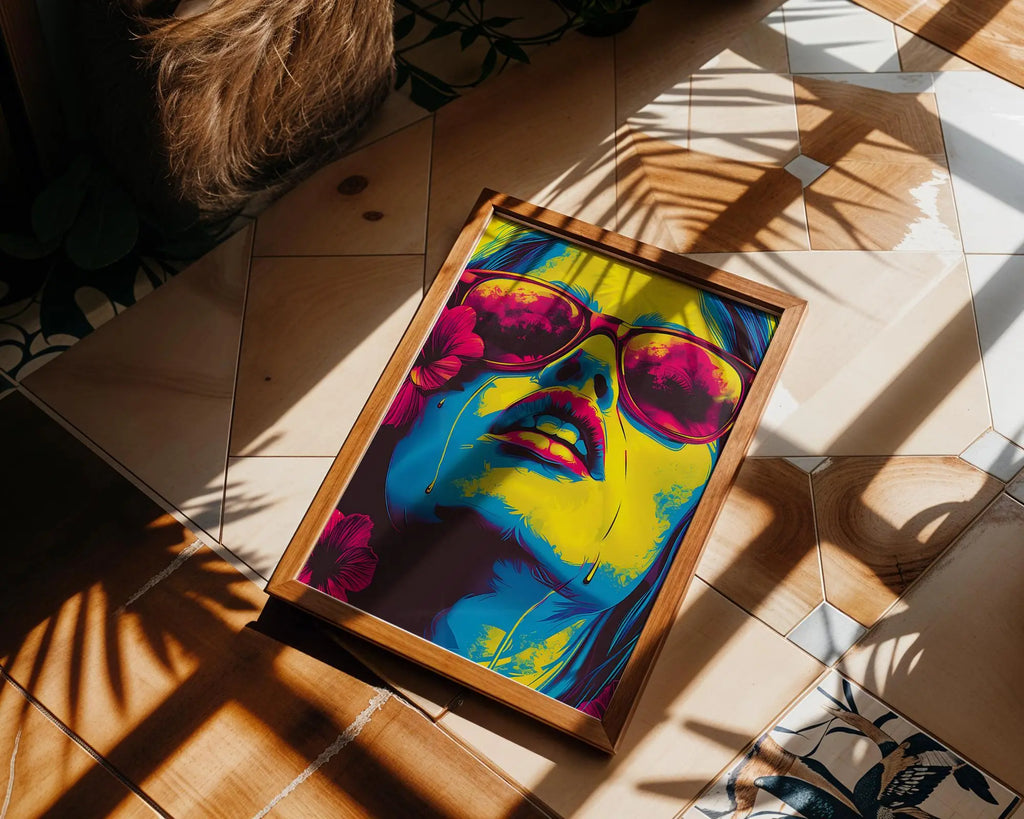 Modern Pop Art | Neon Woman Portrait  Print | Retro , Sunglasses & Flowers wall art print, modern home decor, unframed artwork by Nomad & Nest