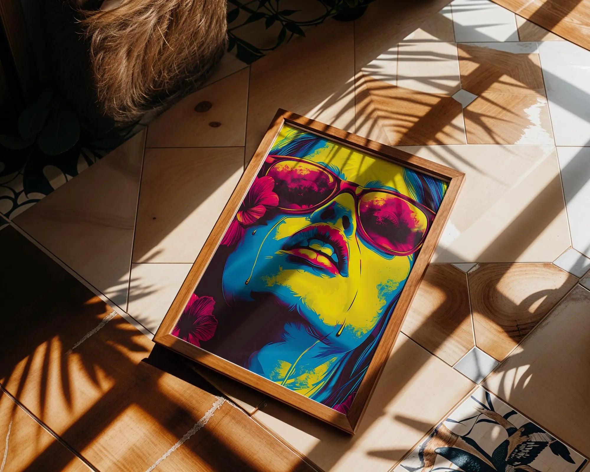 Modern Pop Art | Neon Woman Portrait  Print | Retro , Sunglasses & Flowers wall art print, modern home decor, unframed artwork by Nomad & Nest