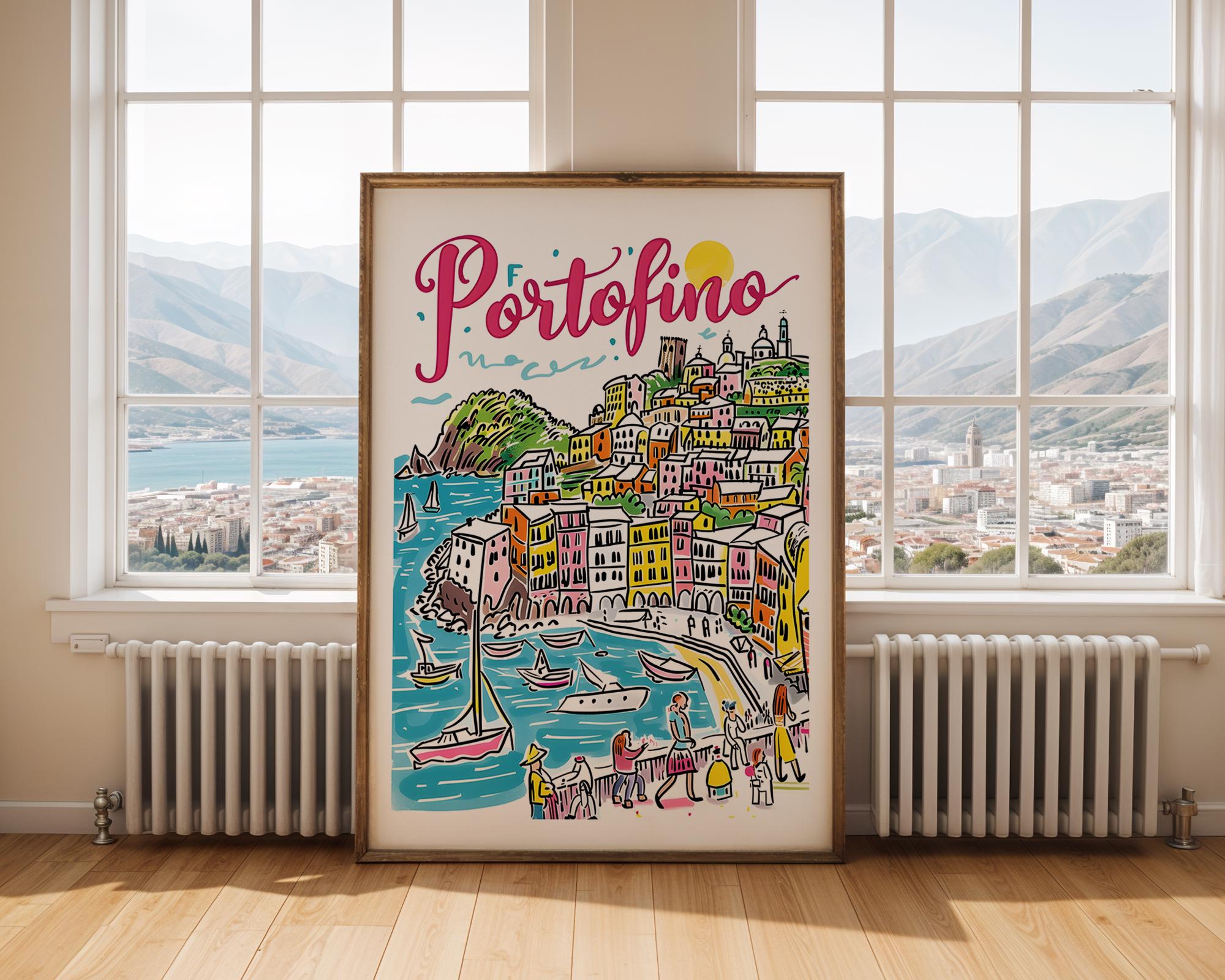 Portofino Italy Art Print | Colorful Italian Riviera Coastal Illustration wall art print, modern home decor, unframed artwork by Nomad & Nest