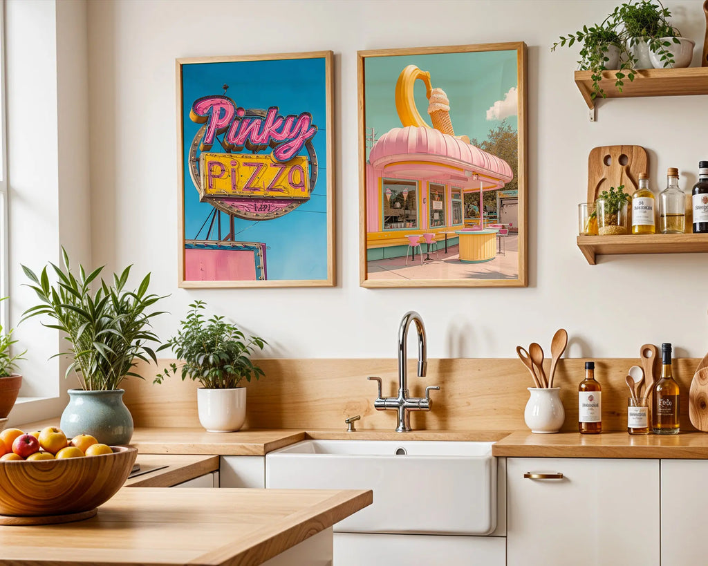 Colourful Prints | Retro Diner Prints Set | Pink Pizza, Ice Cream Parlour Wall Art (Set of 2) wall art print, modern home decor, unframed artwork by Nomad & Nest