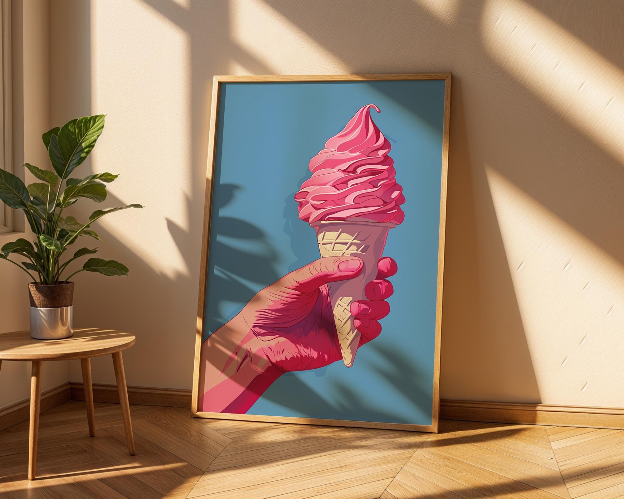 Colourful Prints | Pink Ice Cream Cone Art Print | Retro Summer Dessert Poster wall art print, modern home decor, unframed artwork by Nomad & Nest