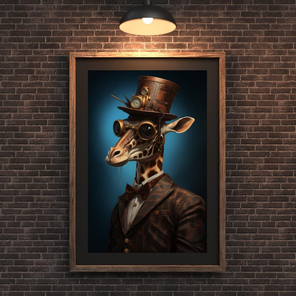 Steampunk Giraffe Wall Art | Brown Suit, Goggles & Clock Hat, Quirky Animal Portrait wall art print, modern home decor, unframed artwork by Nomad & Nest