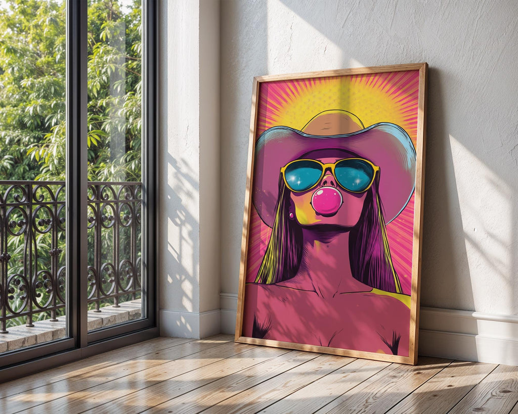 Pop Art Cowgirl Print | Hot Pink Bubble Gum Poster wall art print, modern home decor, unframed artwork by Nomad & Nest