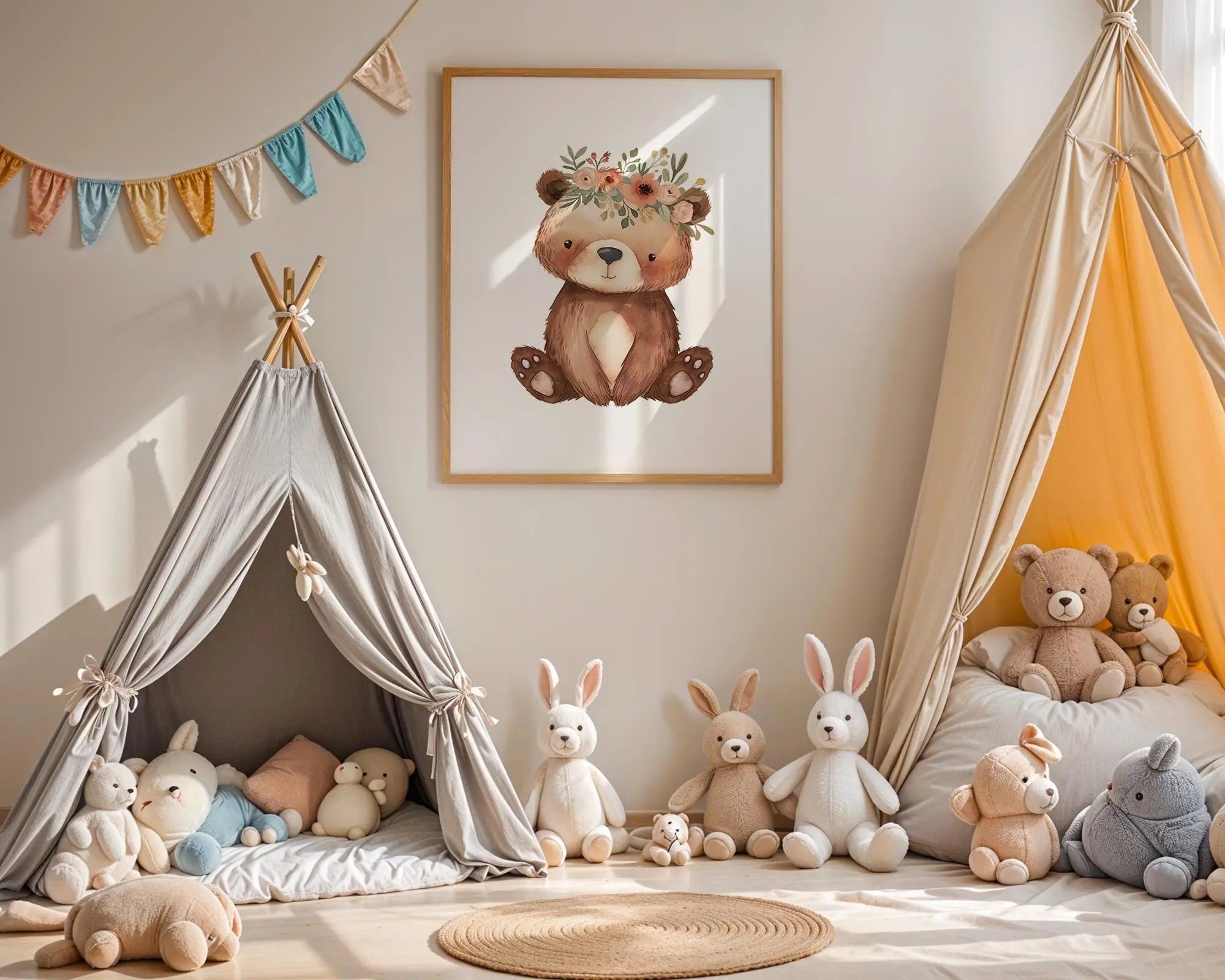 Playroom Ideas | Boho Bear Nursery Wall Art | Flower Crown Animal Baby Decor wall art print, modern home decor, unframed artwork by Nomad & Nest