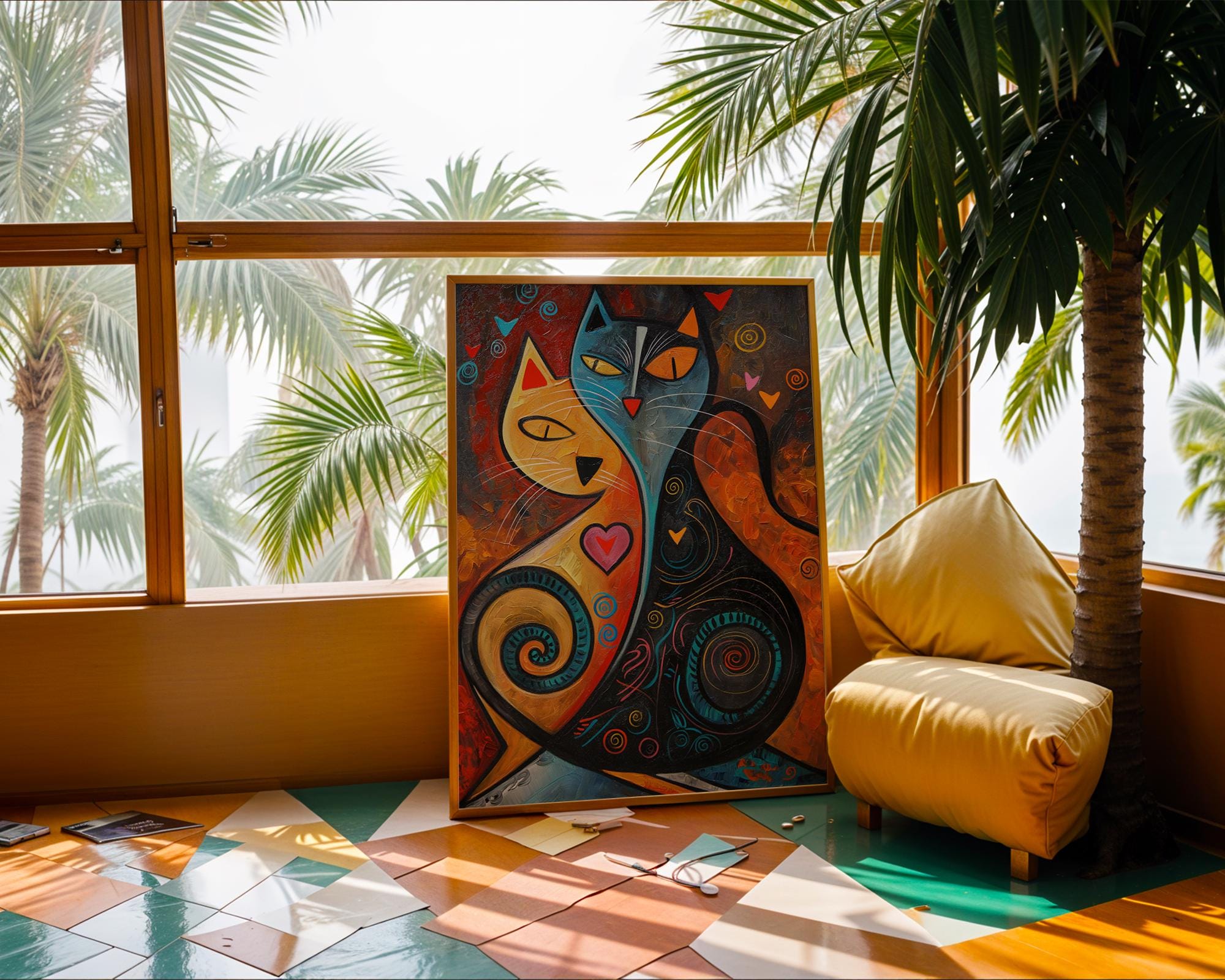 Abstract Cat Duo Art Print | Colorful Geometric Folk Art wall art print, modern home decor, unframed artwork by Nomad & Nest