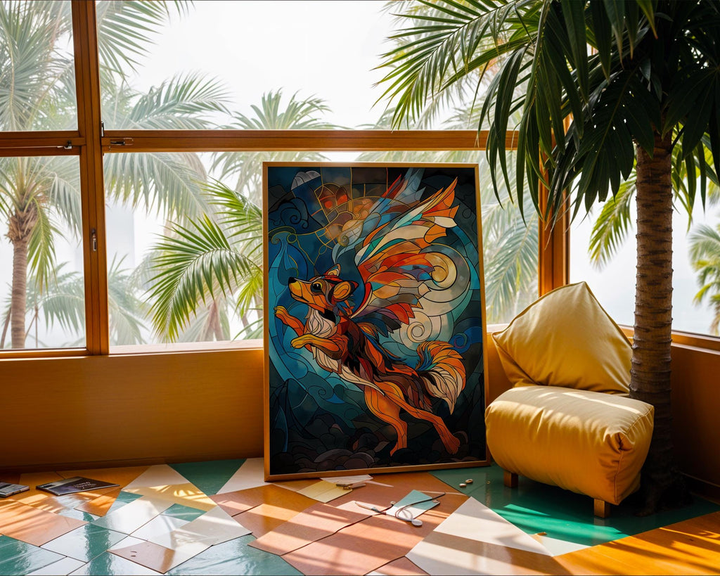 Stained Glass Winged Dog Print | Fantasy Animal Wall Art wall art print, modern home decor, unframed artwork by Nomad & Nest