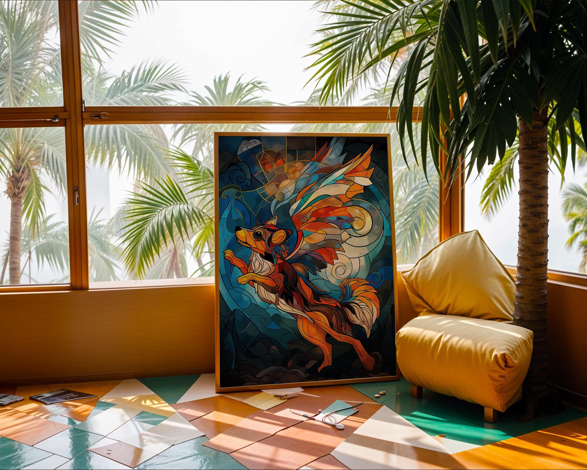 Stained Glass Winged Dog Print | Fantasy Animal Wall Art wall art print, modern home decor, unframed artwork by Nomad & Nest